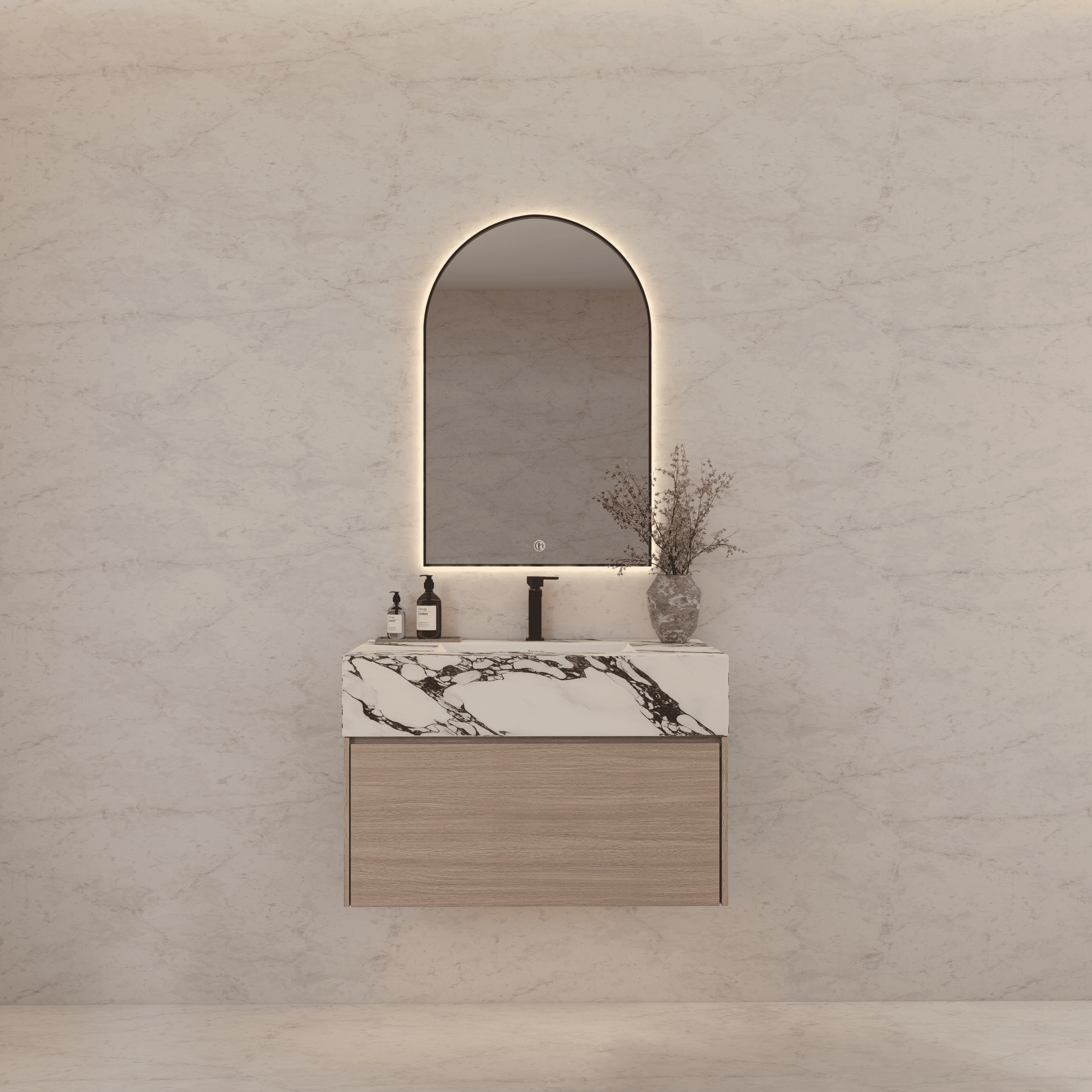 32"/ 36"/40" Smoked Oak Single Sink Floating Bathroom Vanity with Sintered Stone Top - VanityCalacatta Black NeoNova Decor