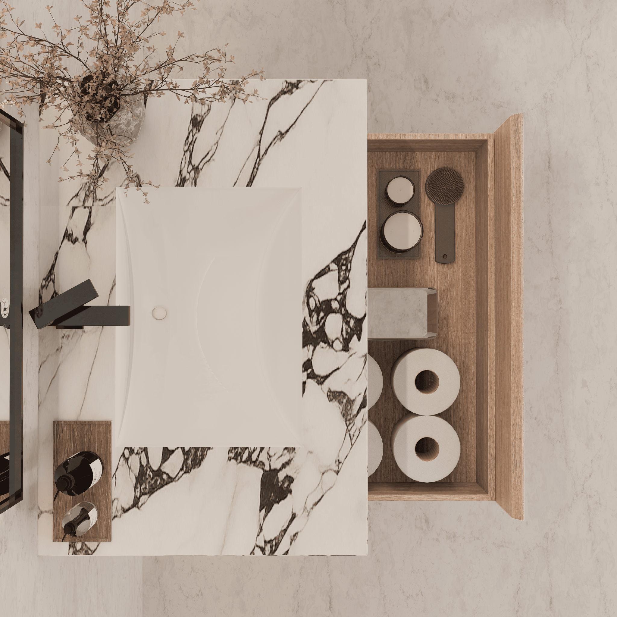 32"/ 36"/40" Smoked Oak Single Sink Floating Bathroom Vanity with Sintered Stone Top - VanityCalacatta Black NeoNova Decor