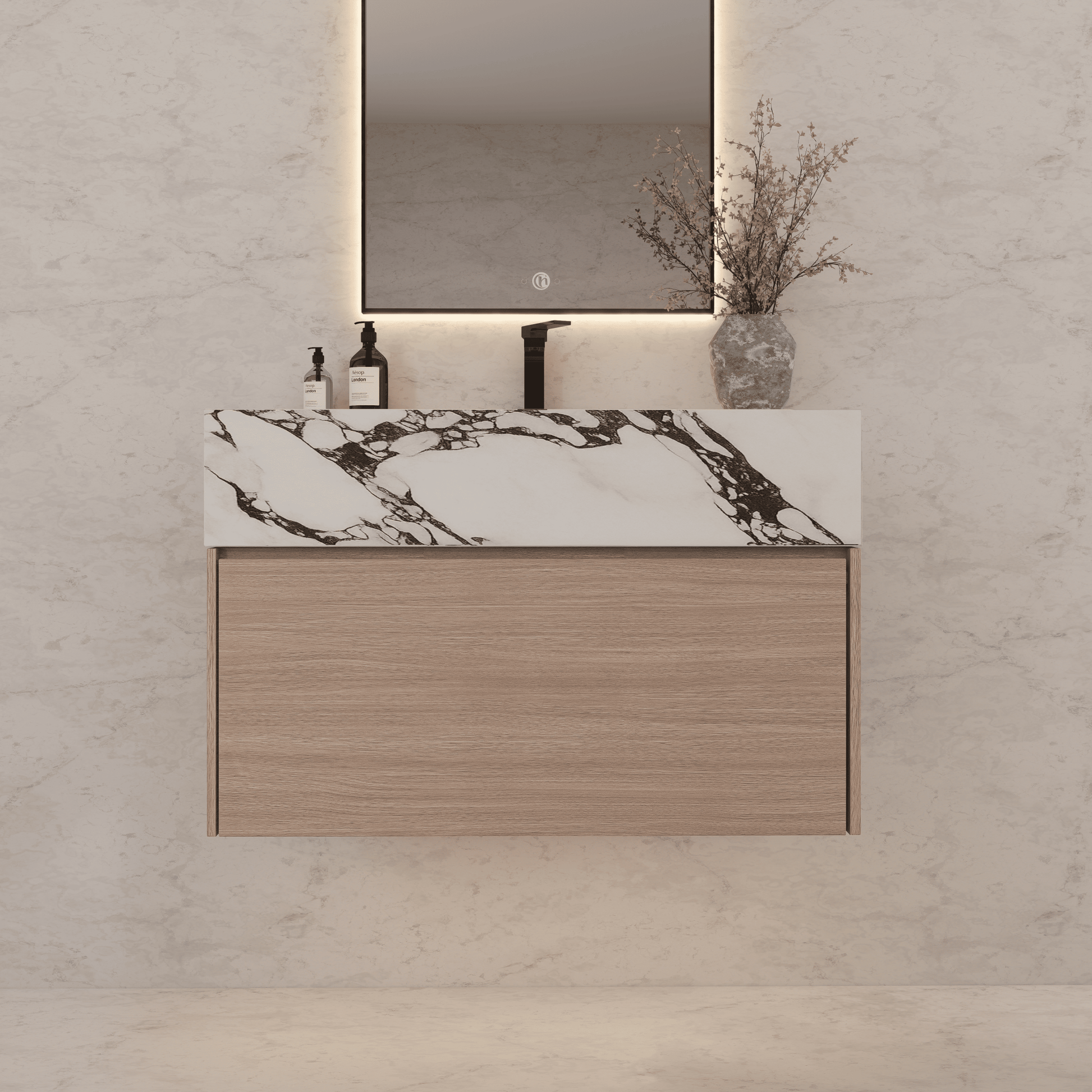 32"/ 36"/40" Smoked Oak Single Sink Floating Bathroom Vanity with Sintered Stone Top - VanityCalacatta Black NeoNova Decor