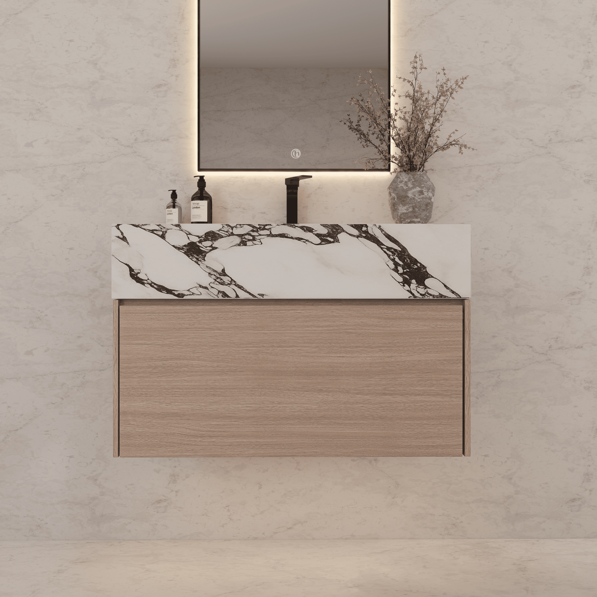 32"/ 36"/40" Smoked Oak Single Sink Floating Bathroom Vanity with Sintered Stone Top - VanityCalacatta Black NeoNova Decor