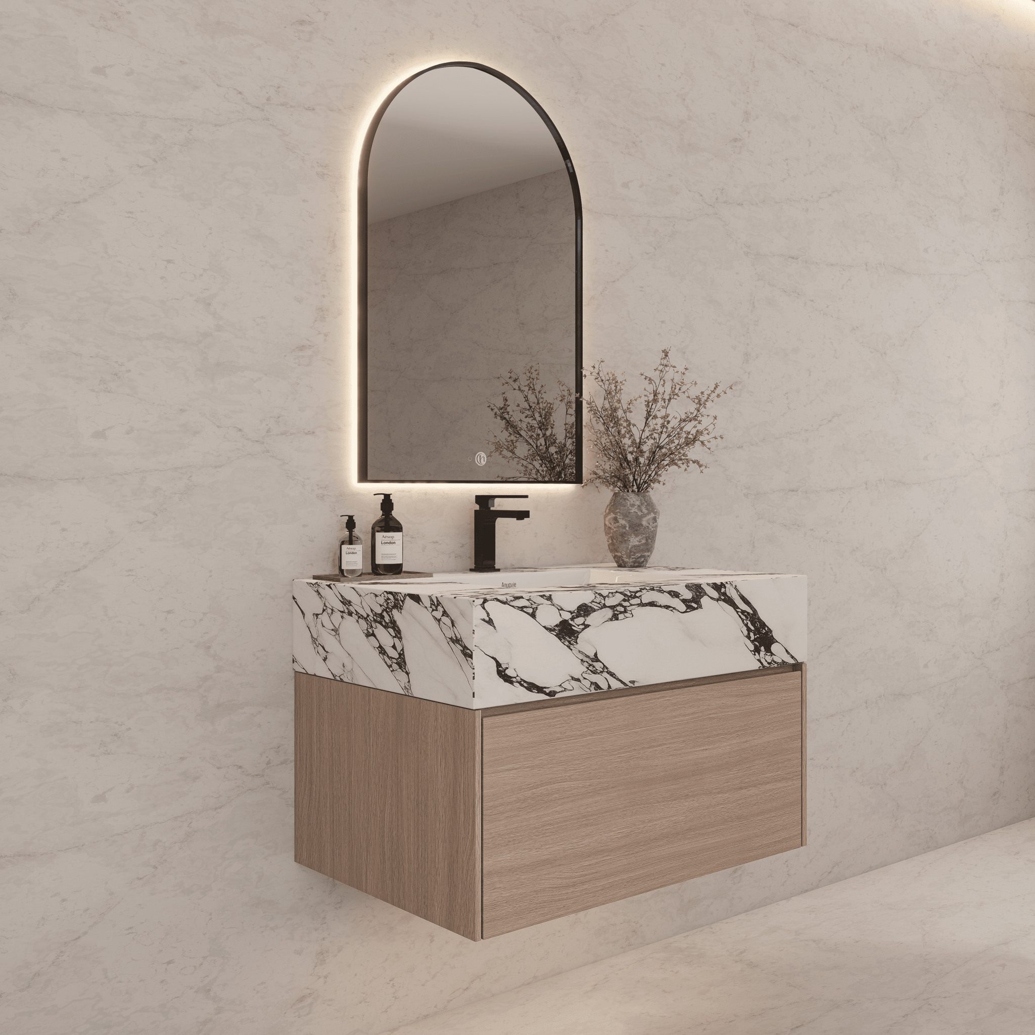 32"/ 36"/40" Smoked Oak Single Sink Floating Bathroom Vanity with Sintered Stone Top - VanityCalacatta Black NeoNova Decor