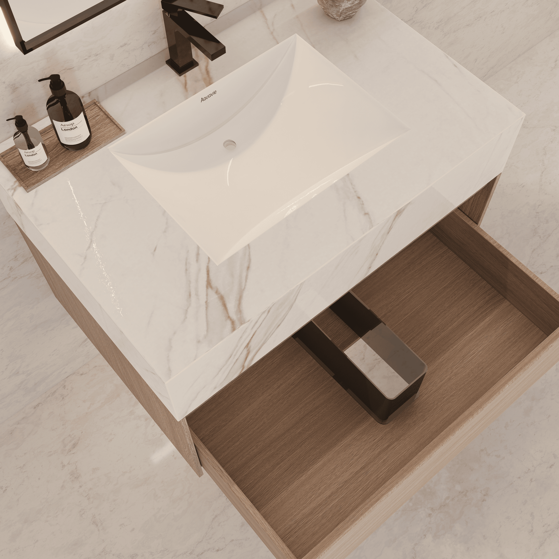 32"/ 36"/40" Smoked Oak Single Sink Floating Bathroom Vanity with Sintered Stone Top - VanityCalacatta Gold NeoNova Decor