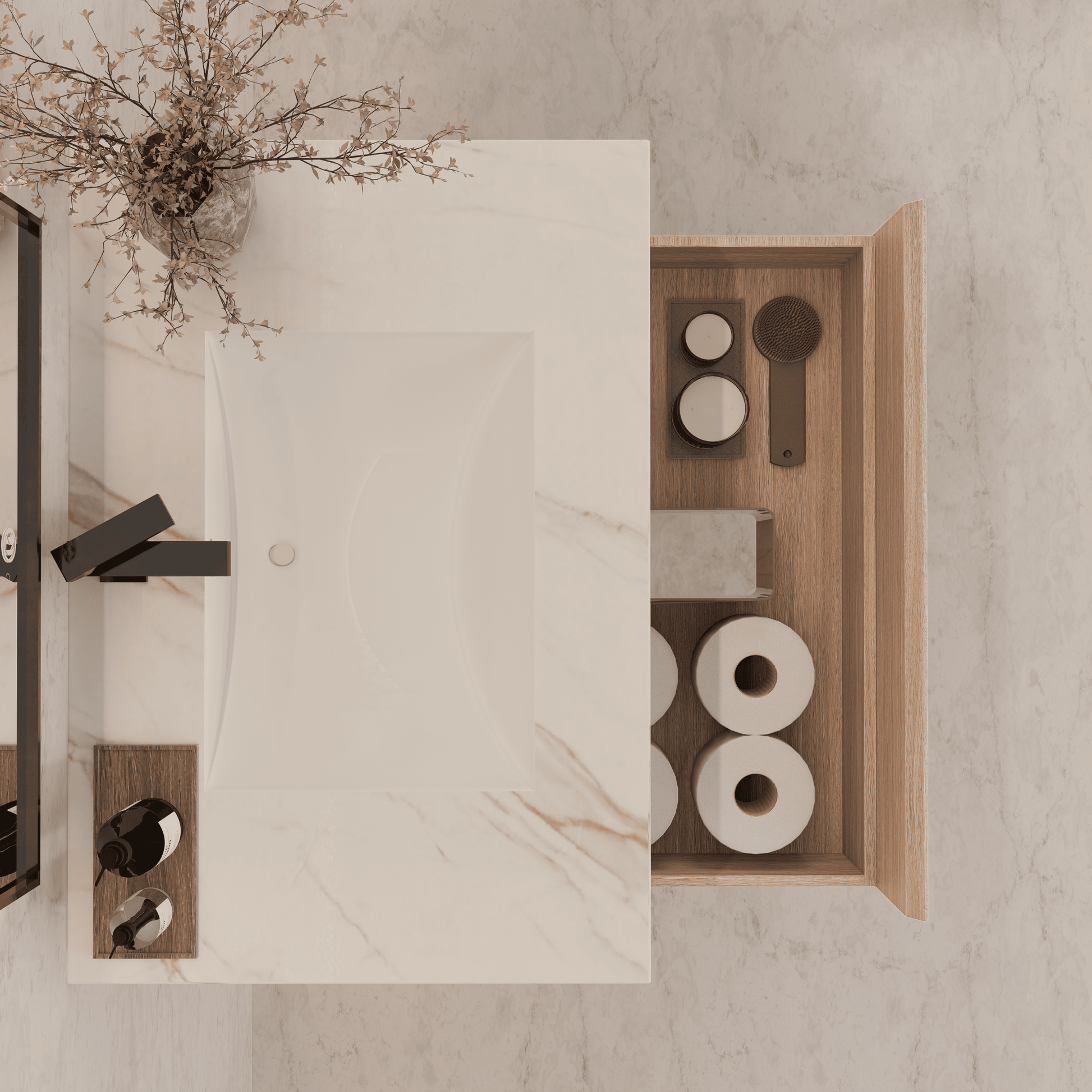 32"/ 36"/40" Smoked Oak Single Sink Floating Bathroom Vanity with Sintered Stone Top - VanityCalacatta Gold NeoNova Decor