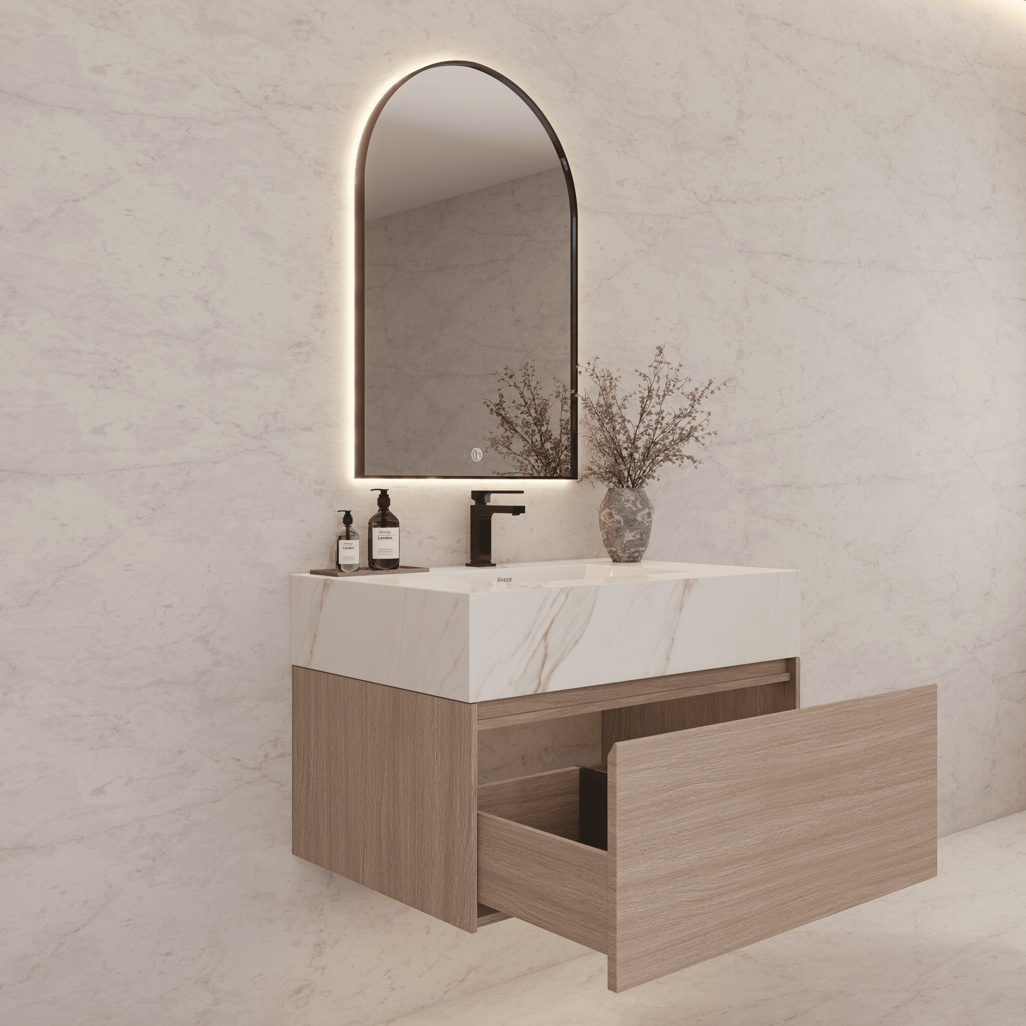 32"/ 36"/40" Smoked Oak Single Sink Floating Bathroom Vanity with Sintered Stone Top - VanityCalacatta Gold NeoNova Decor