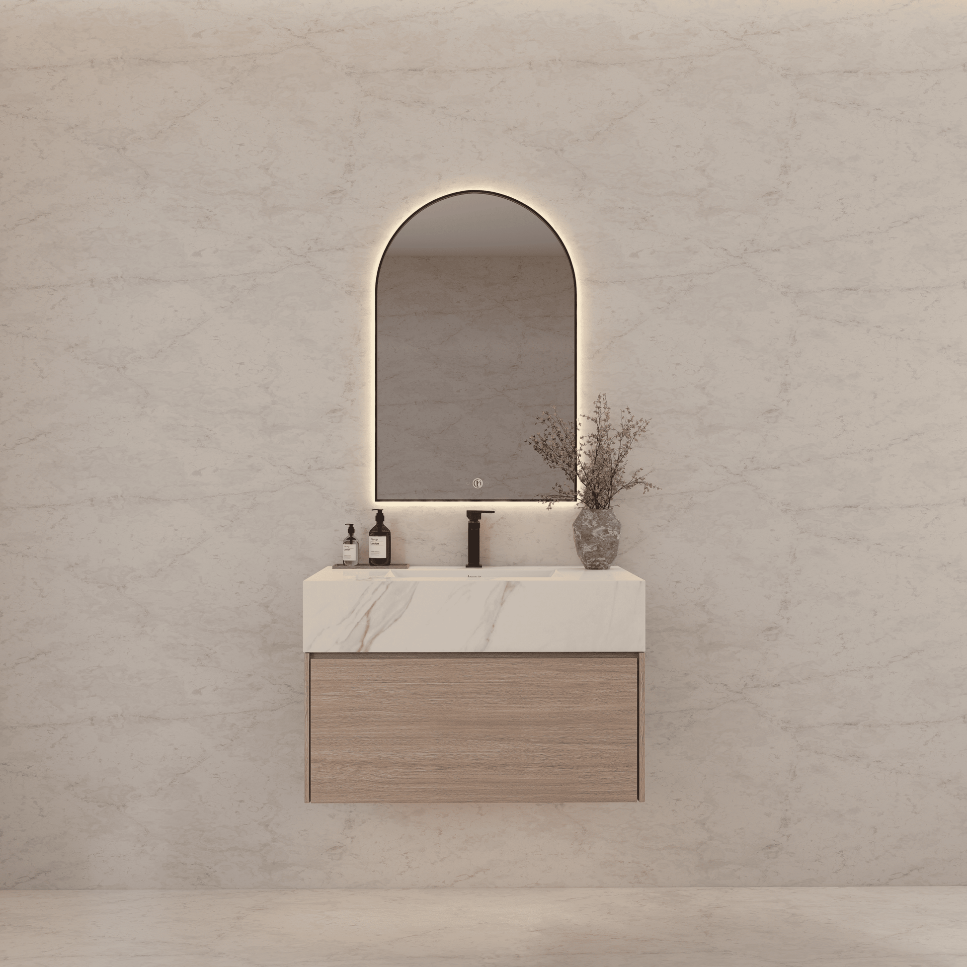 32"/ 36"/40" Smoked Oak Single Sink Floating Bathroom Vanity with Sintered Stone Top - VanityCalacatta Gold NeoNova Decor