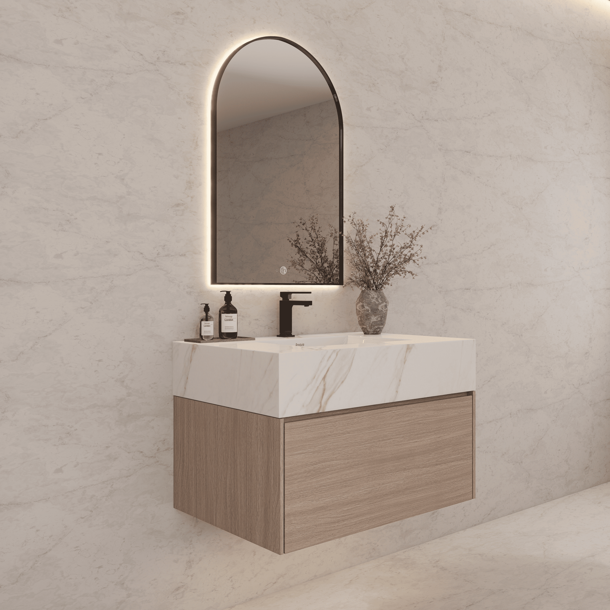 32"/ 36"/40" Smoked Oak Single Sink Floating Bathroom Vanity with Sintered Stone Top - VanityCalacatta Gold NeoNova Decor