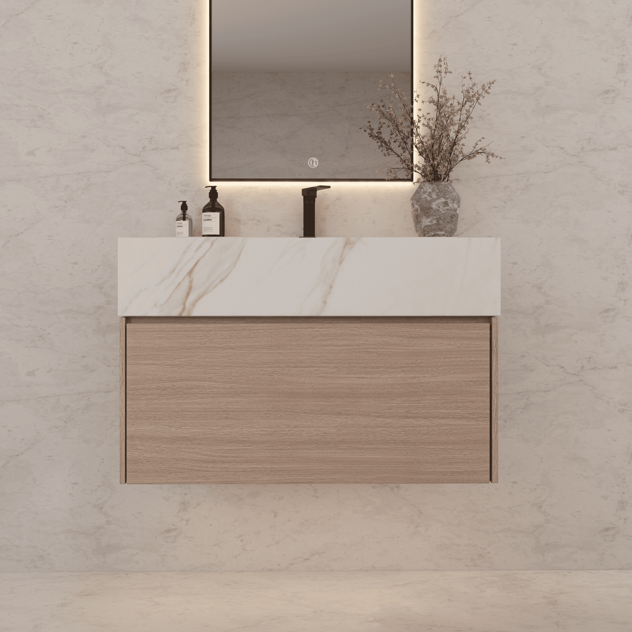 32"/ 36"/40" Smoked Oak Single Sink Floating Bathroom Vanity with Sintered Stone Top - VanityCalacatta Gold NeoNova Decor