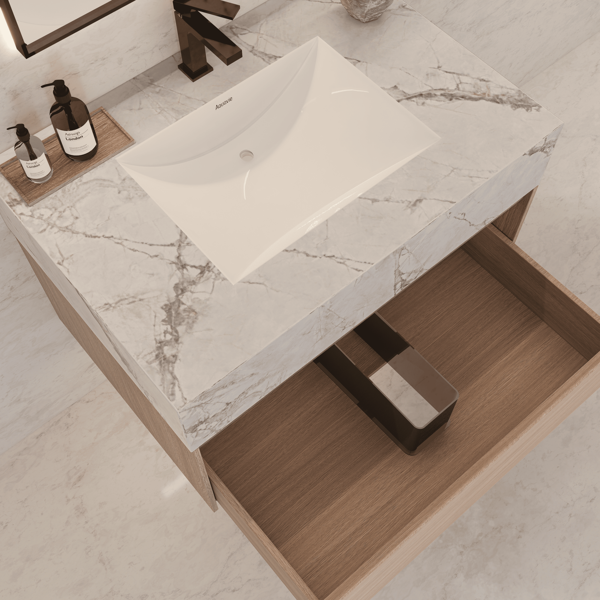 32"/ 36"/40" Smoked Oak Single Sink Floating Bathroom Vanity with Sintered Stone Top - VanityIce Grey NeoNova Decor