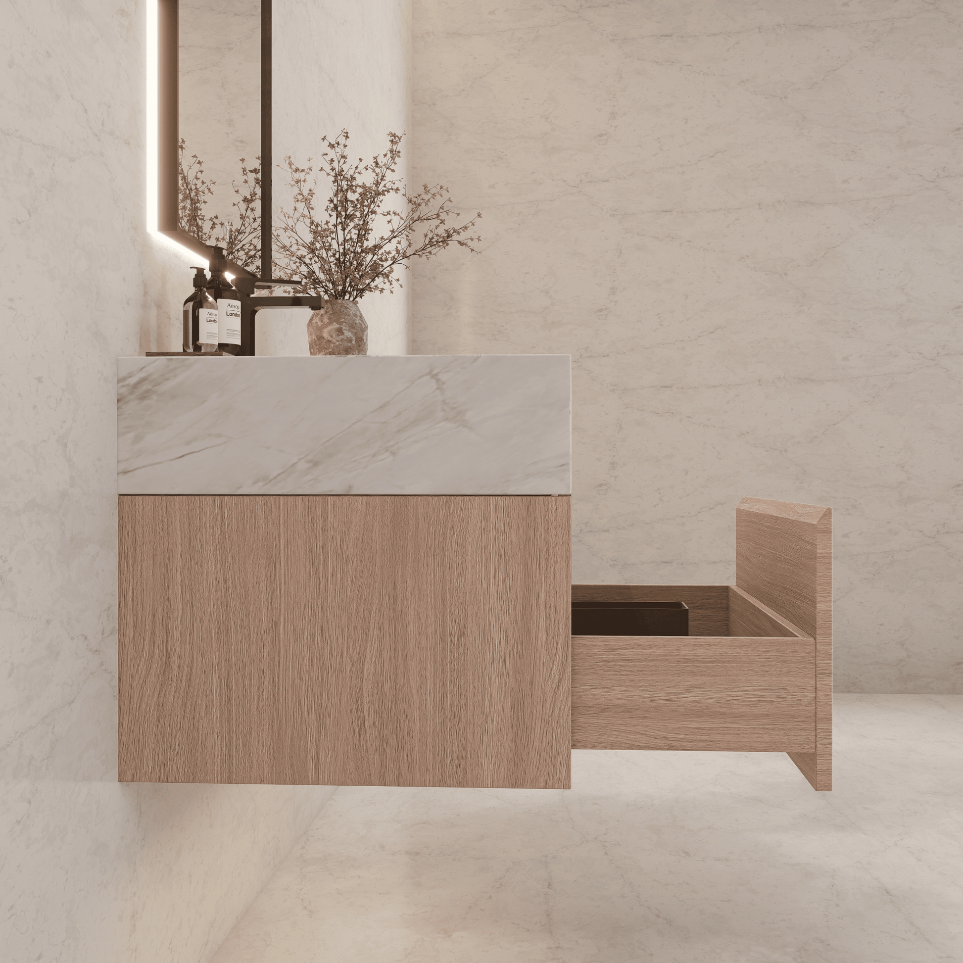 32"/ 36"/40" Smoked Oak Single Sink Floating Bathroom Vanity with Sintered Stone Top - VanityIce Grey NeoNova Decor