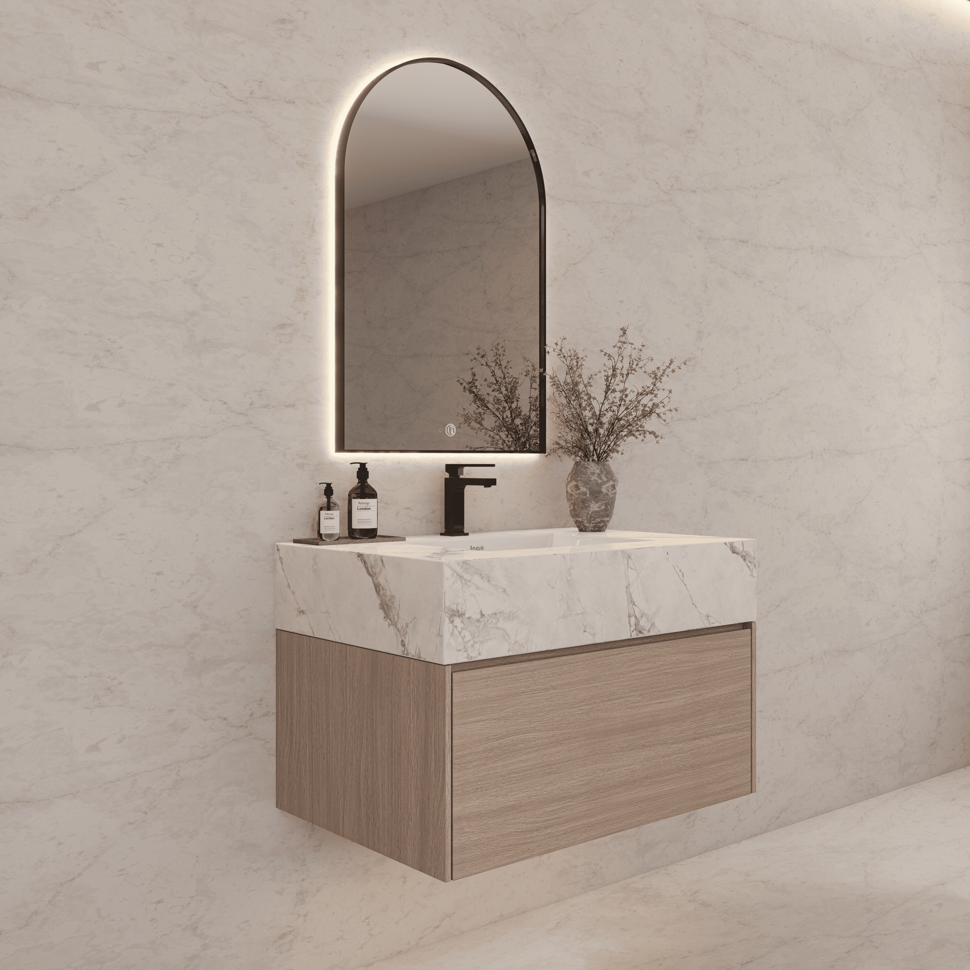 32"/ 36"/40" Smoked Oak Single Sink Floating Bathroom Vanity with Sintered Stone Top - VanityIce Grey NeoNova Decor