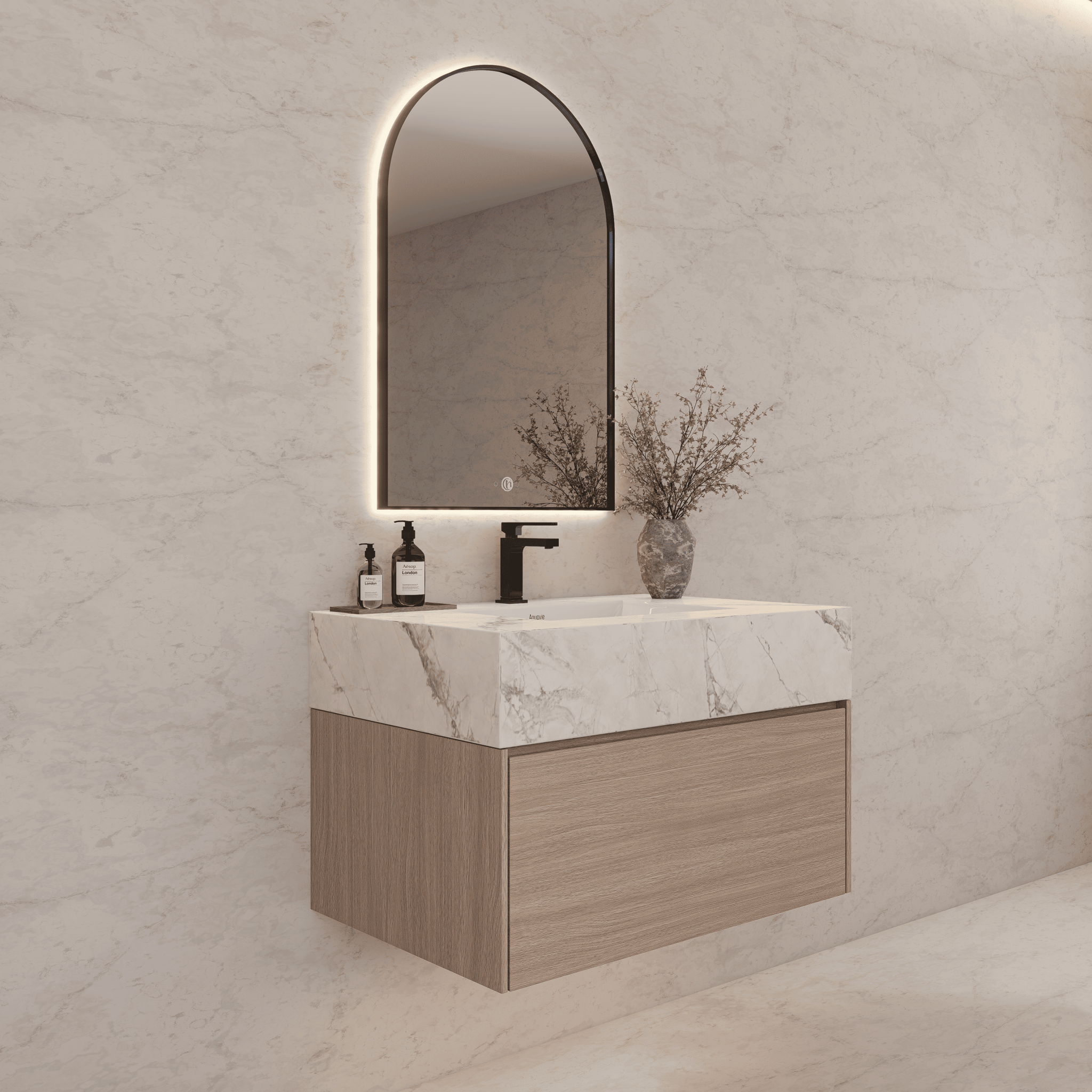 32"/ 36"/40" Smoked Oak Single Sink Floating Bathroom Vanity with Sintered Stone Top - VanityIce Grey NeoNova Decor