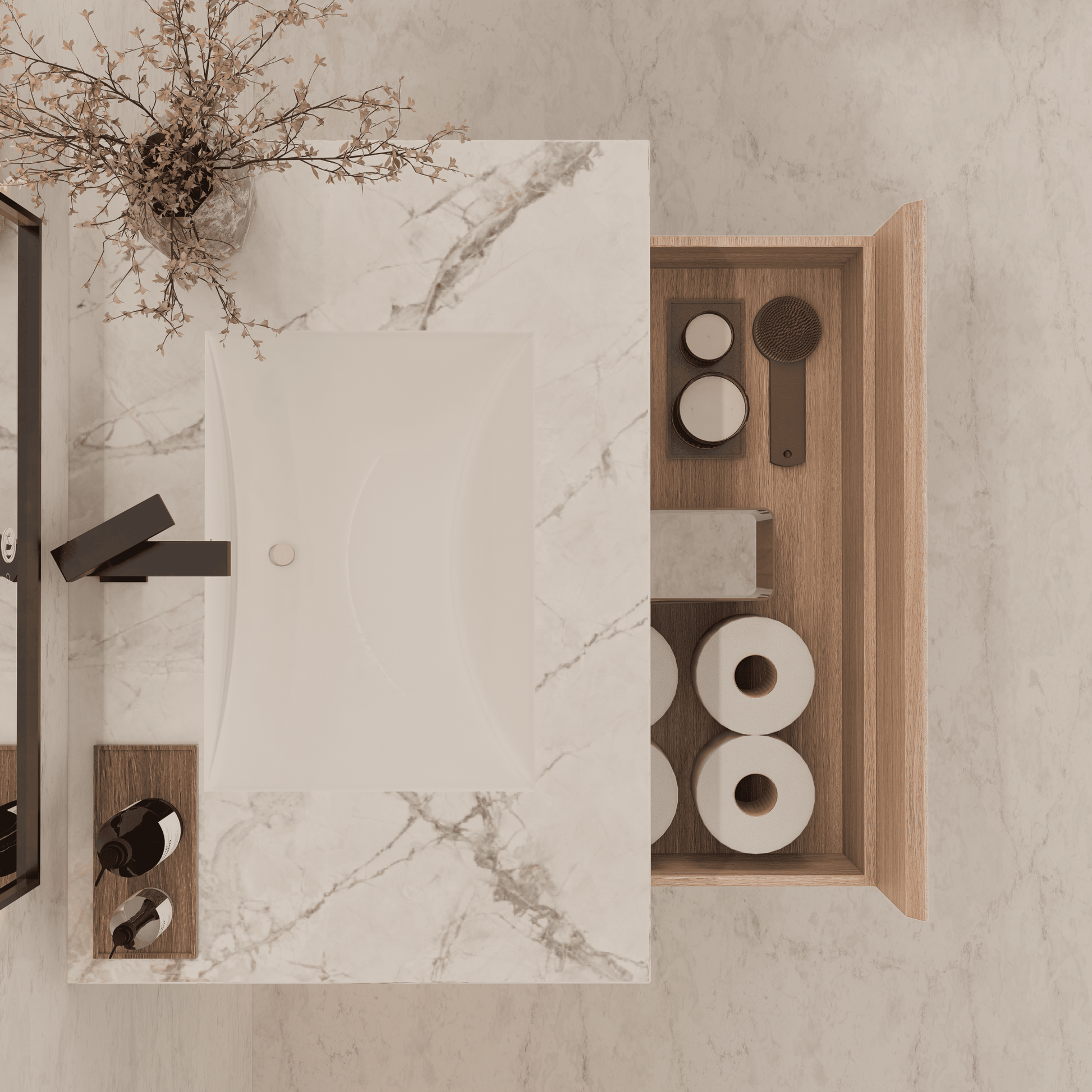 32"/ 36"/40" Smoked Oak Single Sink Floating Bathroom Vanity with Sintered Stone Top - VanityIce Grey NeoNova Decor