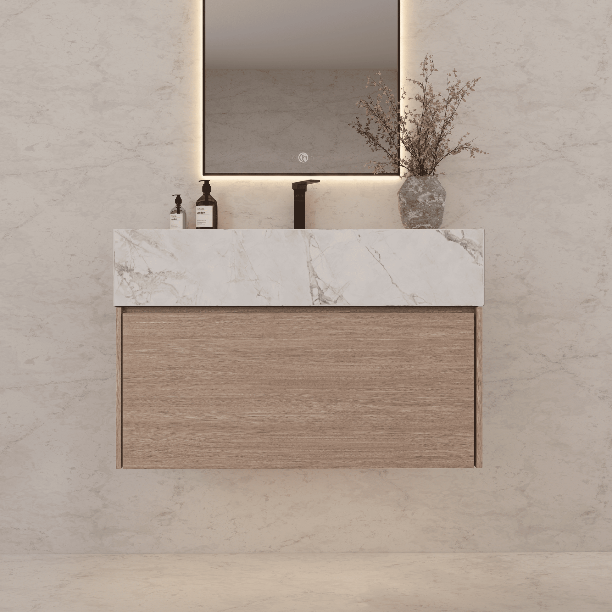 32"/ 36"/40" Smoked Oak Single Sink Floating Bathroom Vanity with Sintered Stone Top - VanityIce Grey NeoNova Decor