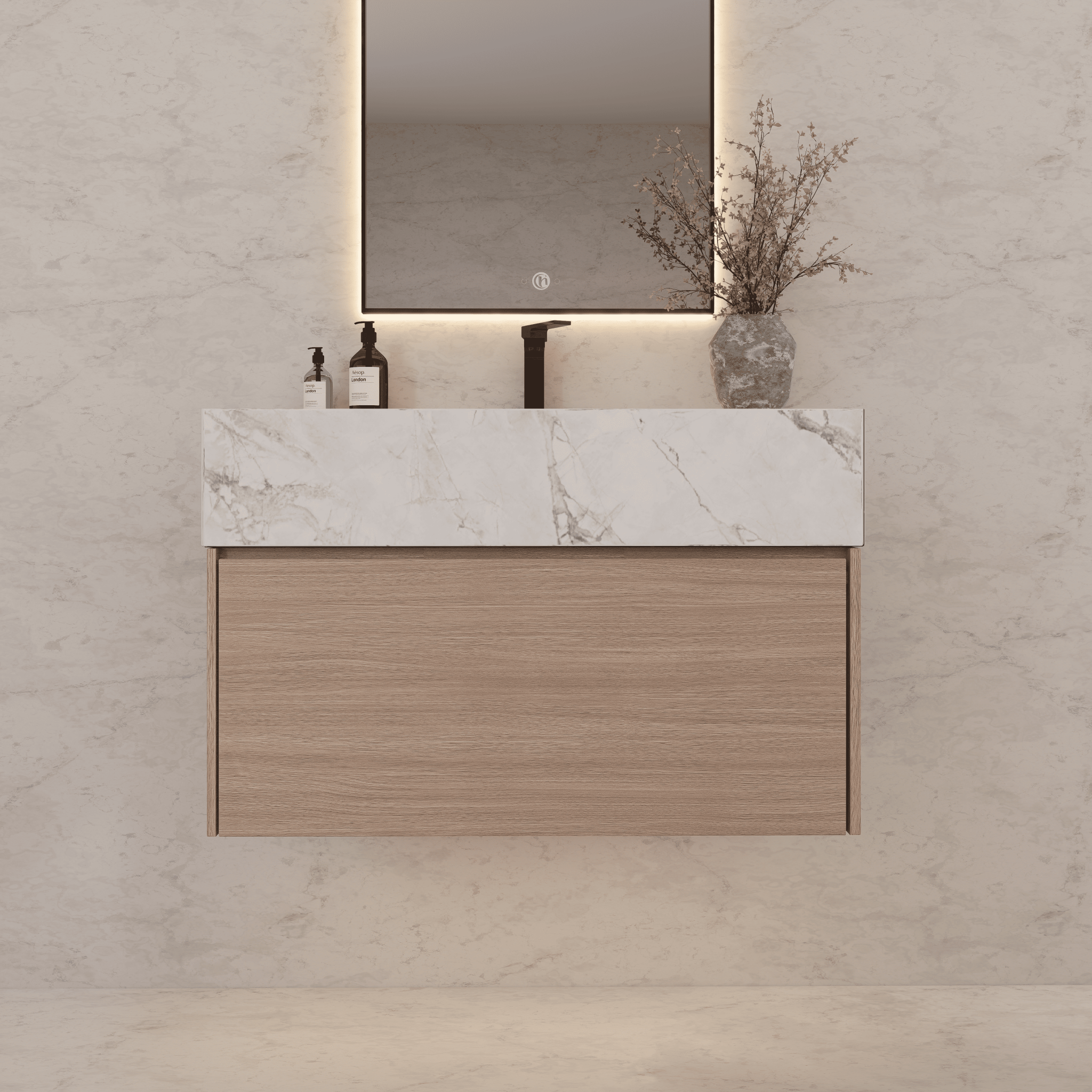 32"/ 36"/40" Smoked Oak Single Sink Floating Bathroom Vanity with Sintered Stone Top - VanityIce Grey NeoNova Decor