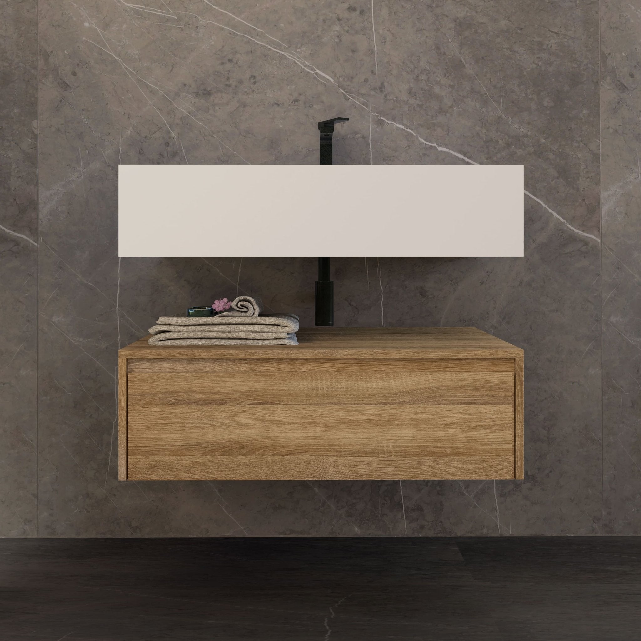 32"/ 36"/40" Wall Mount Bathroom Vanity - Stone Integrated Basin & Plywood Cabinet - VanityLight Oak
