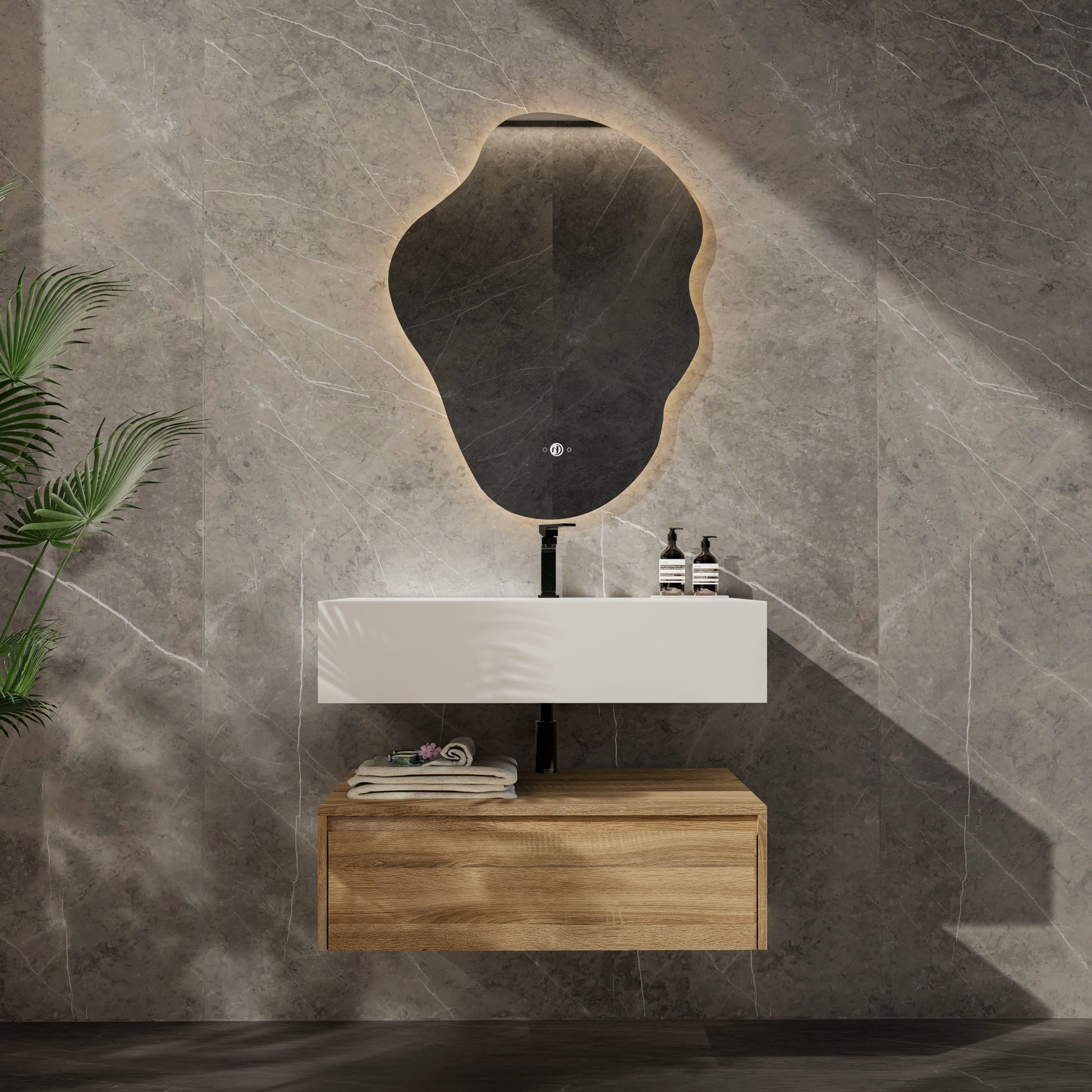 32"/ 36"/40" Wall Mount Bathroom Vanity - Stone Integrated Basin & Plywood Cabinet - VanityLight Oak