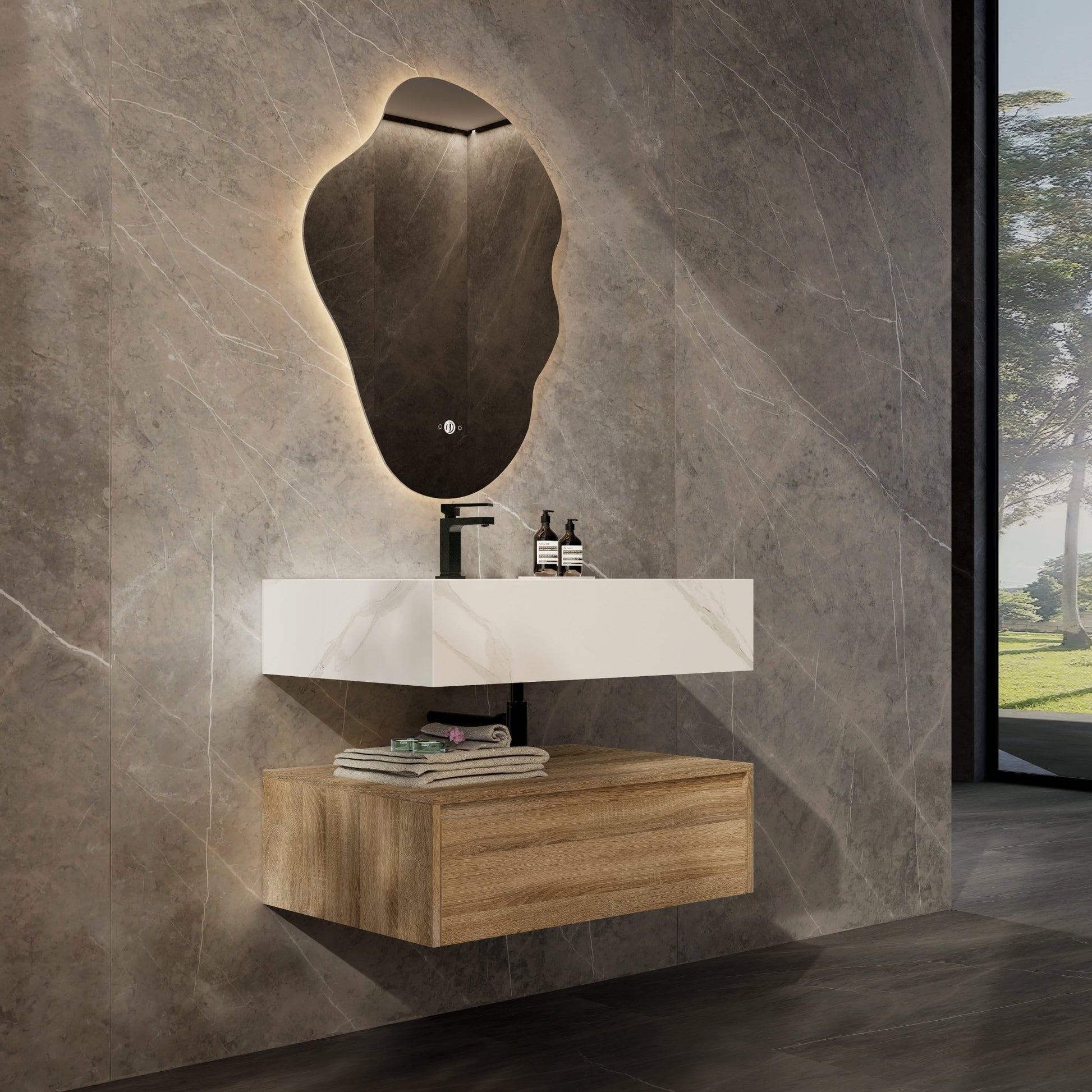 32"/ 36"/40" Wall Mount Bathroom Vanity - Stone Integrated Basin & Plywood Cabinet - VanityLight Oak