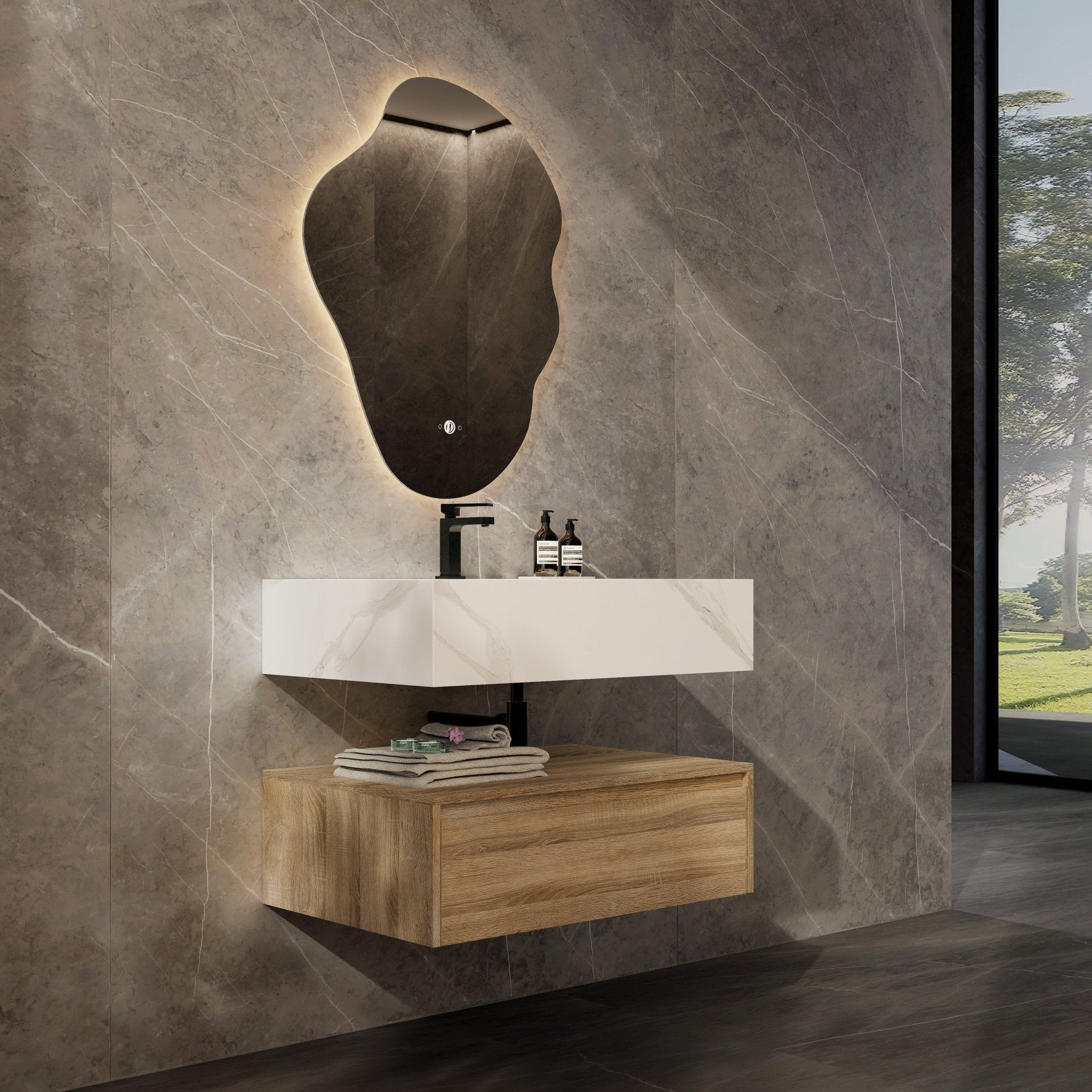 32"/ 36"/40" Wall Mount Bathroom Vanity - Stone Integrated Basin & Plywood Cabinet - VanityLight Oak