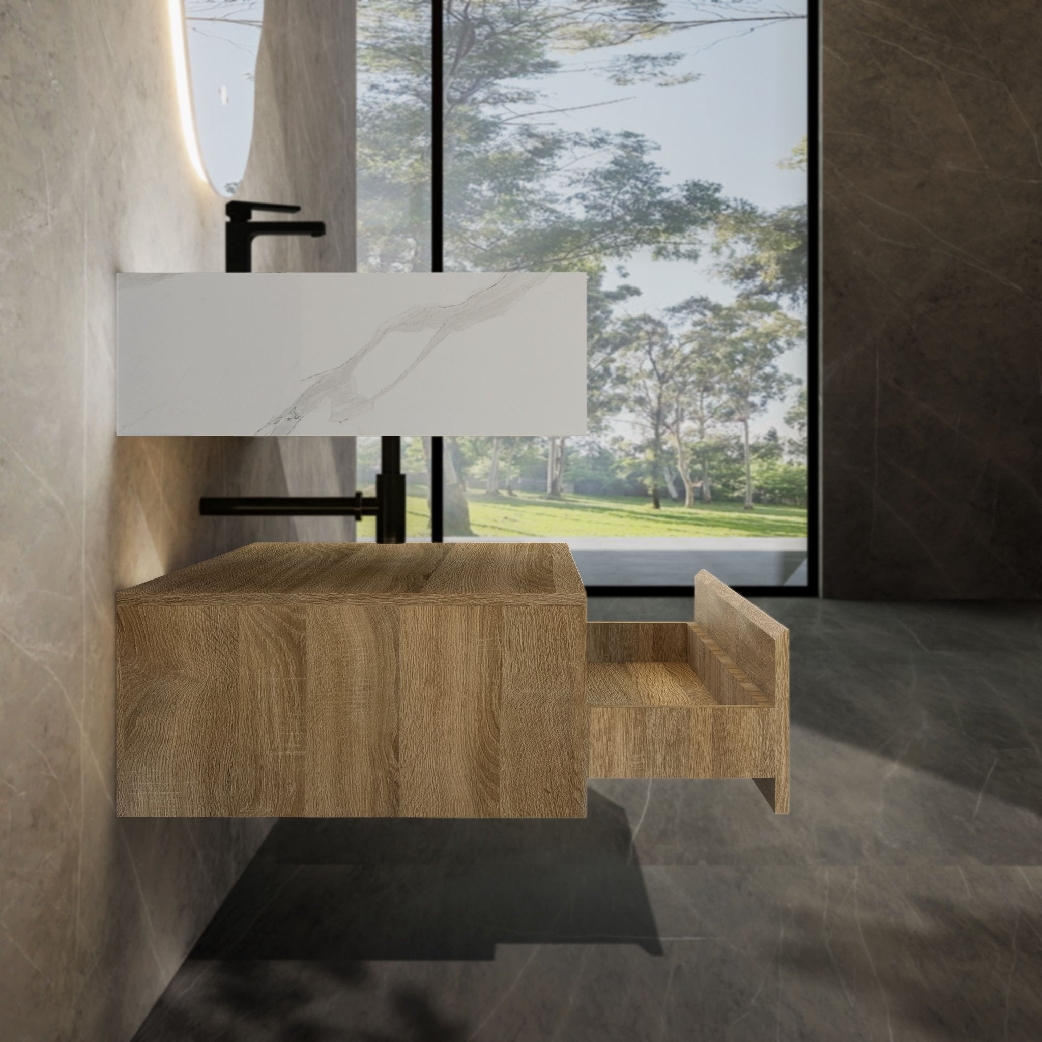 32"/ 36"/40" Wall Mount Bathroom Vanity - Stone Integrated Basin & Plywood Cabinet - VanityLight Oak