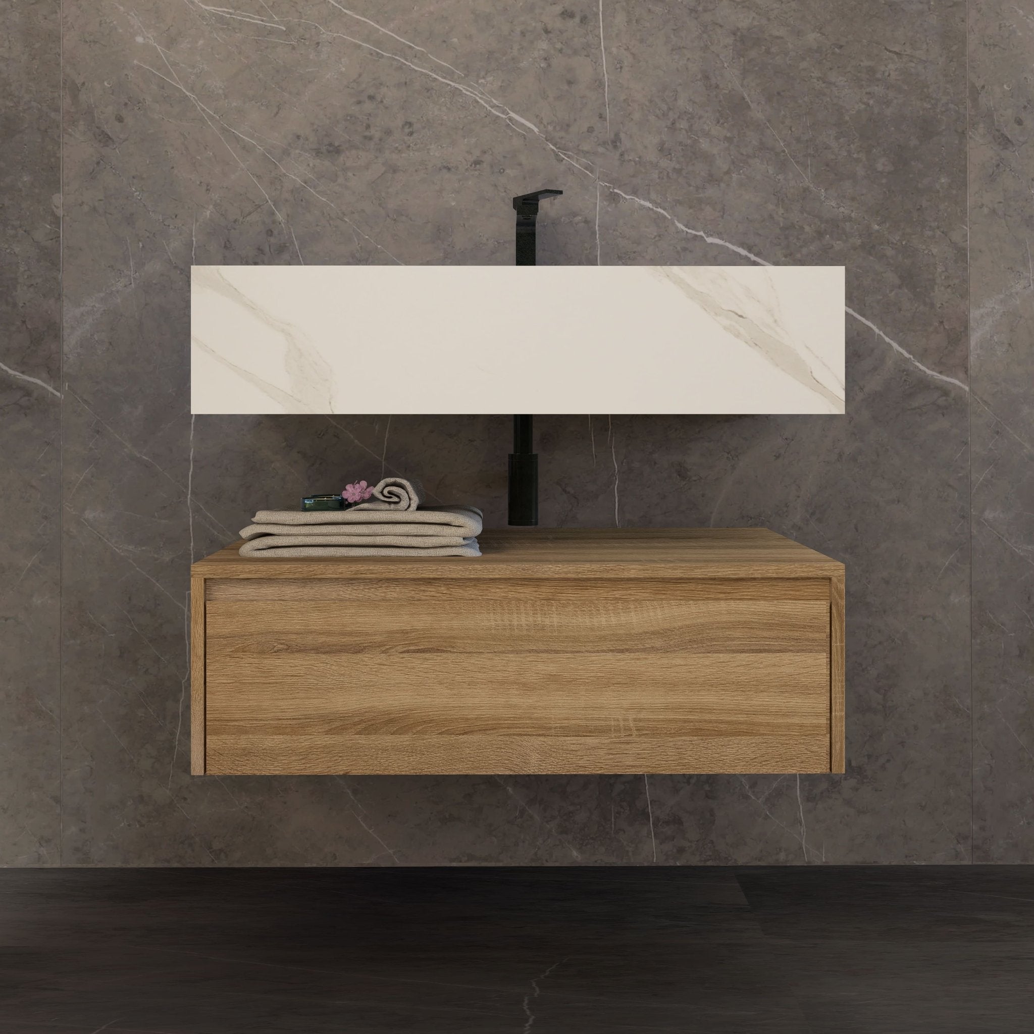 32"/ 36"/40" Wall Mount Bathroom Vanity - Stone Integrated Basin & Plywood Cabinet - VanityLight Oak