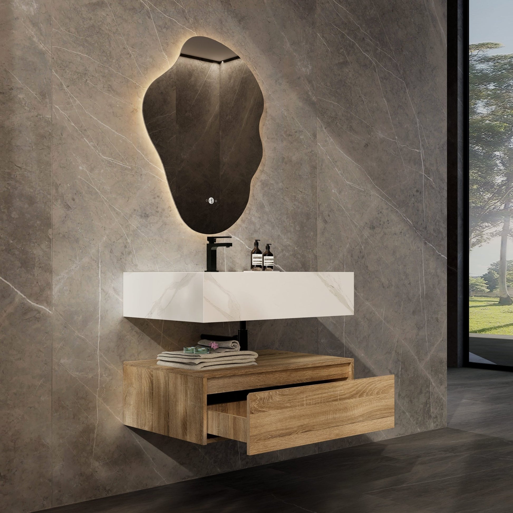 32"/ 36"/40" Wall Mount Bathroom Vanity - Stone Integrated Basin & Plywood Cabinet - VanityLight Oak