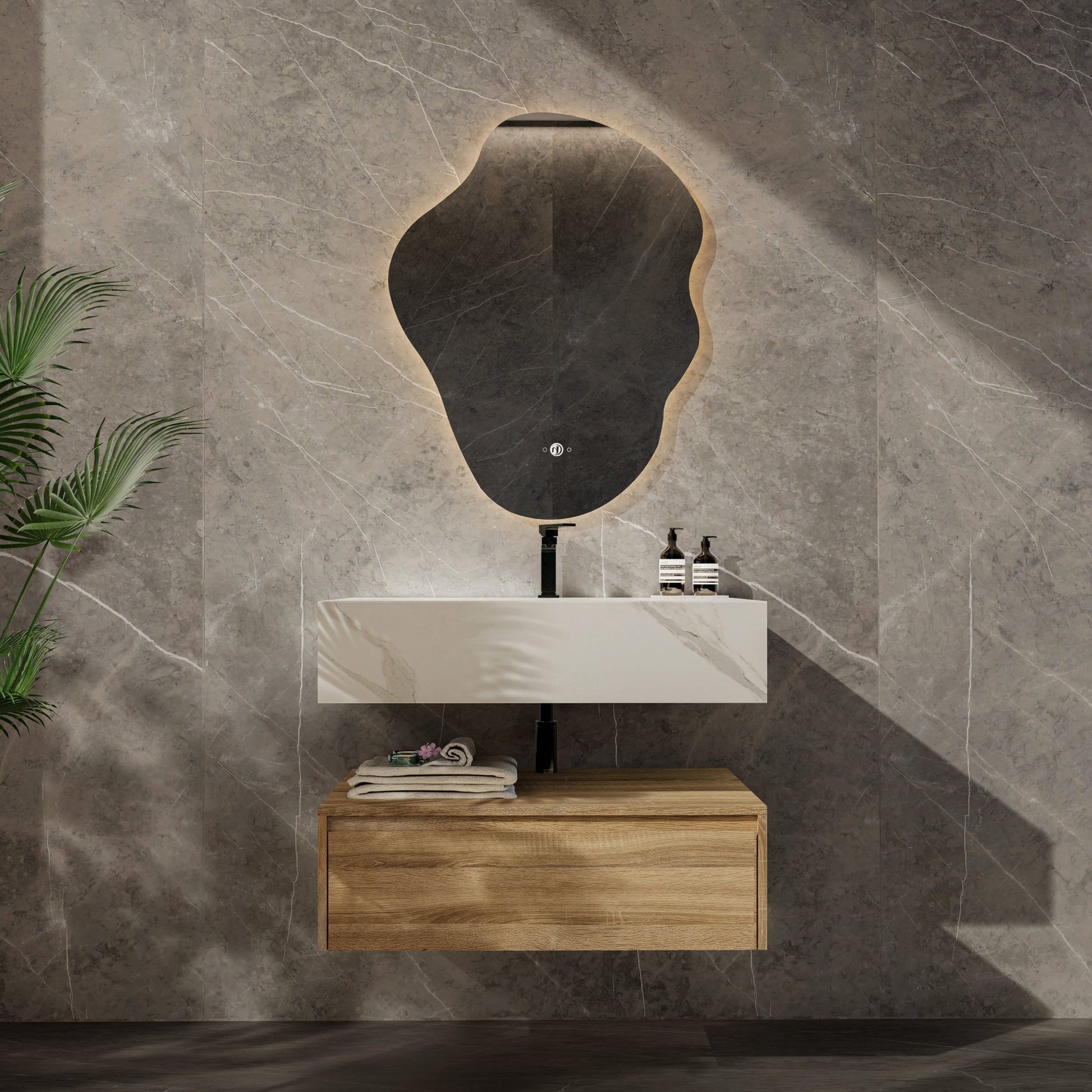 32"/ 36"/40" Wall Mount Bathroom Vanity - Stone Integrated Basin & Plywood Cabinet - VanityLight Oak