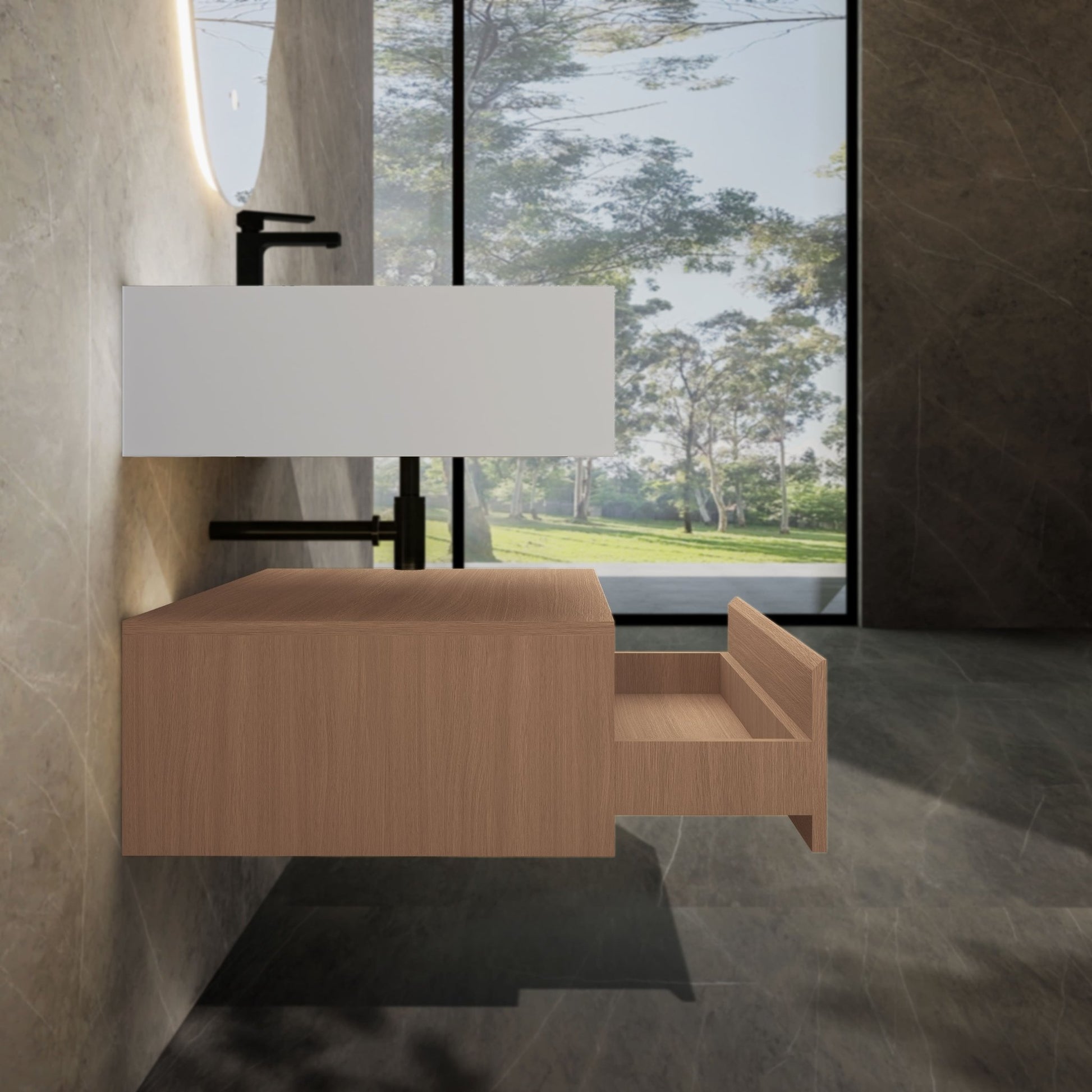 32"/ 36"/40" Wall Mount Bathroom Vanity - Stone Integrated Basin & Plywood Cabinet - VanitySmoked Oak