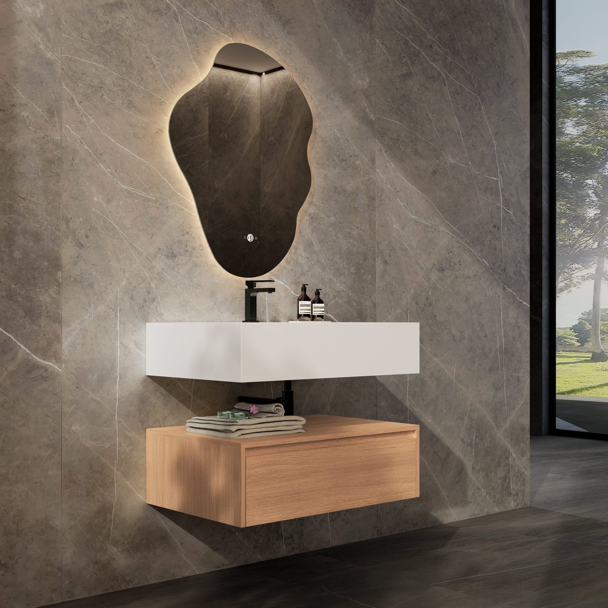 32"/ 36"/40" Wall Mount Bathroom Vanity - Stone Integrated Basin & Plywood Cabinet - VanitySmoked Oak