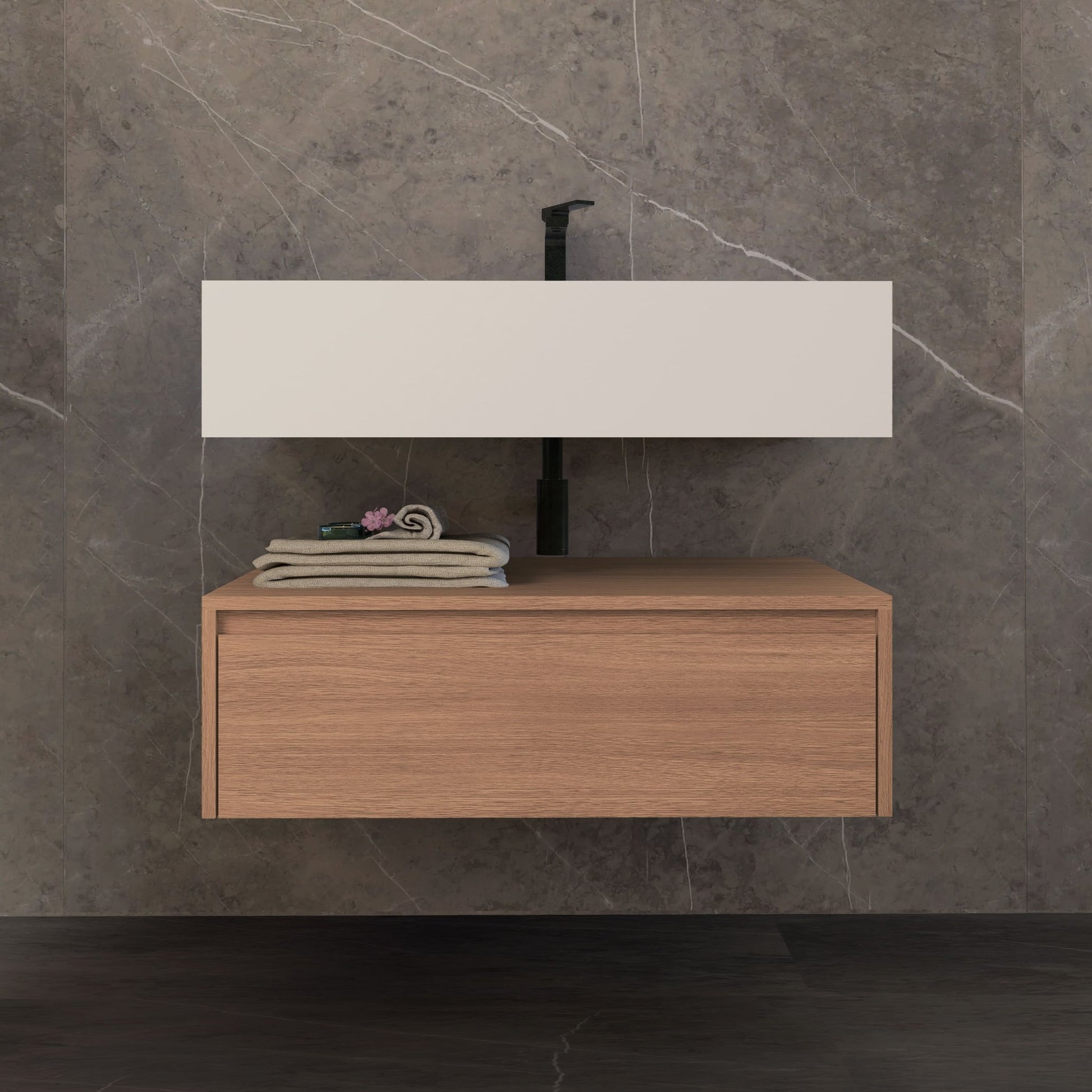 32"/ 36"/40" Wall Mount Bathroom Vanity - Stone Integrated Basin & Plywood Cabinet - VanitySmoked Oak