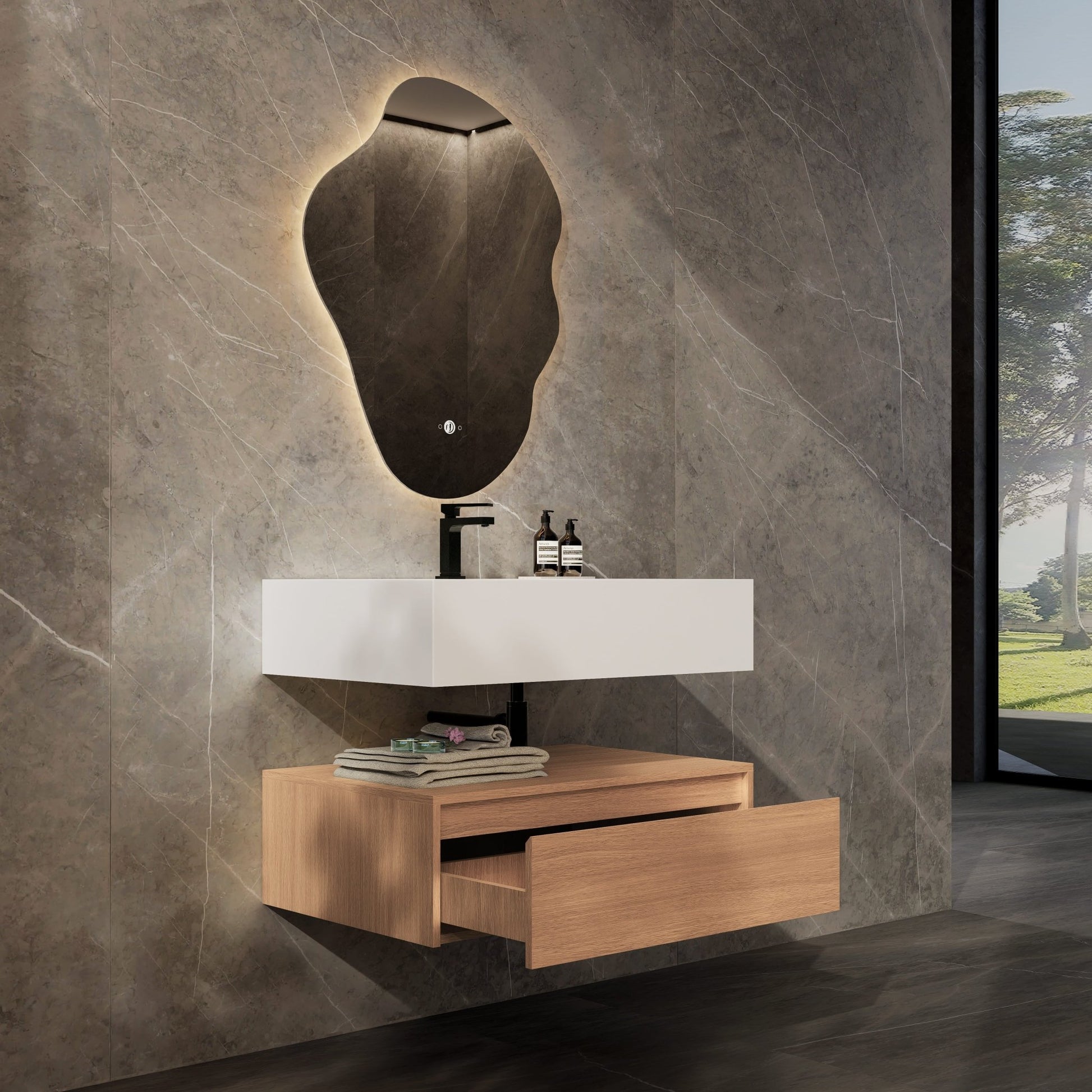 32"/ 36"/40" Wall Mount Bathroom Vanity - Stone Integrated Basin & Plywood Cabinet - VanitySmoked Oak