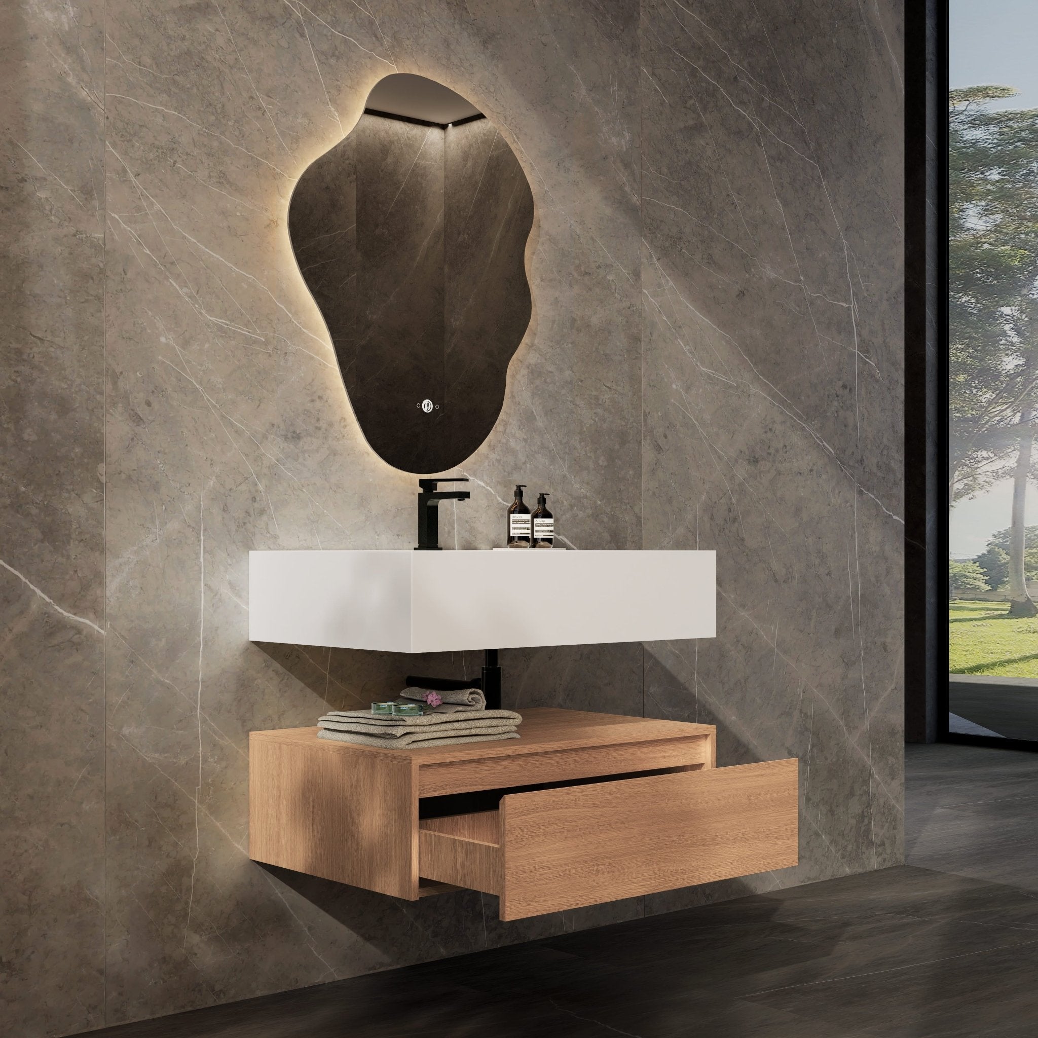 32"/ 36"/40" Wall Mount Bathroom Vanity - Stone Integrated Basin & Plywood Cabinet - VanitySmoked Oak