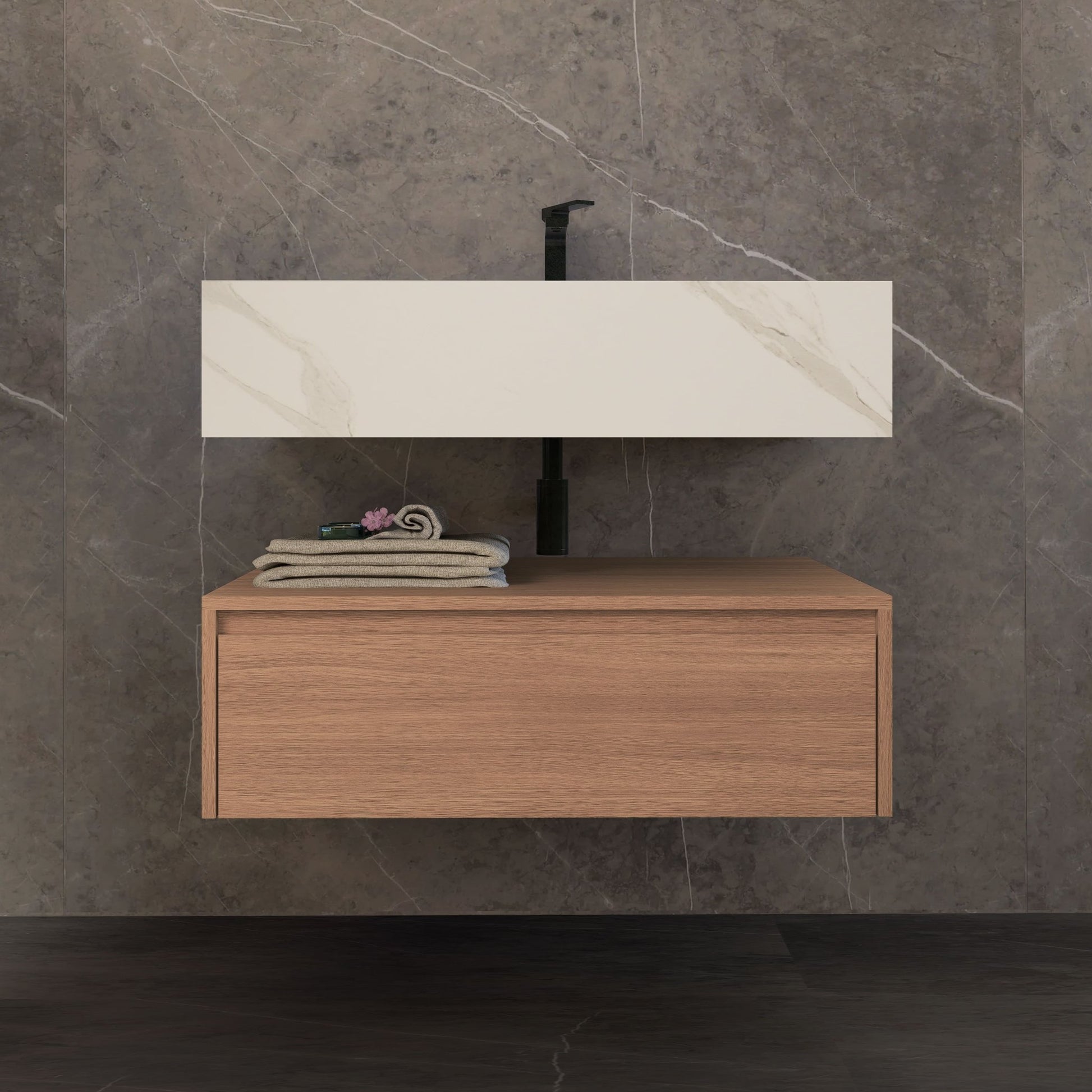 32"/ 36"/40" Wall Mount Bathroom Vanity - Stone Integrated Basin & Plywood Cabinet - VanitySmoked Oak
