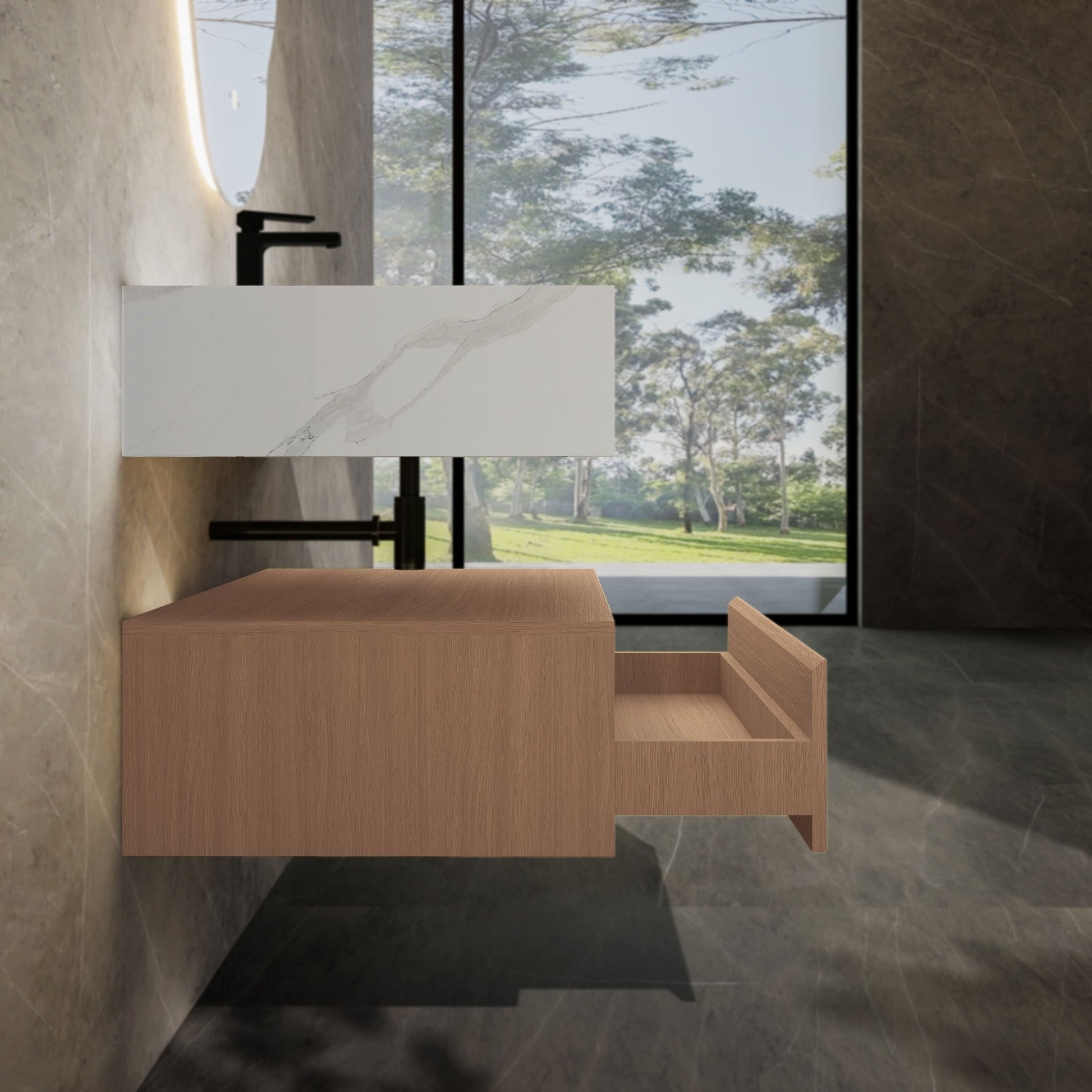 32"/ 36"/40" Wall Mount Bathroom Vanity - Stone Integrated Basin & Plywood Cabinet - VanitySmoked Oak