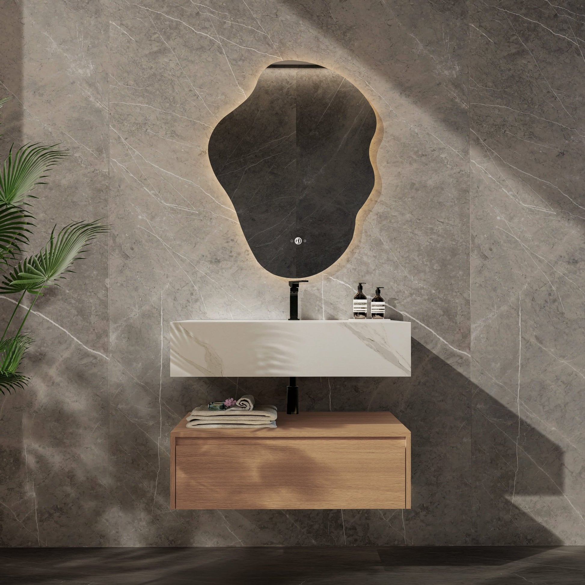 32"/ 36"/40" Wall Mount Bathroom Vanity - Stone Integrated Basin & Plywood Cabinet - VanitySmoked Oak