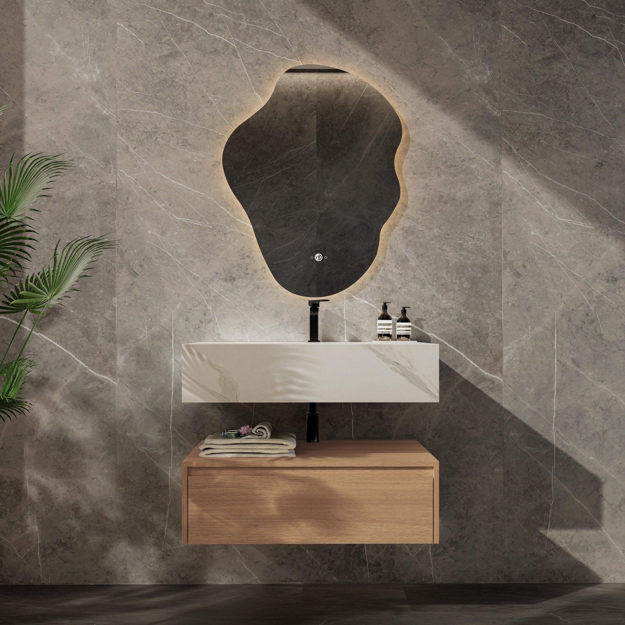 32"/ 36"/40" Wall Mount Bathroom Vanity - Stone Integrated Basin & Plywood Cabinet - VanitySmoked Oak