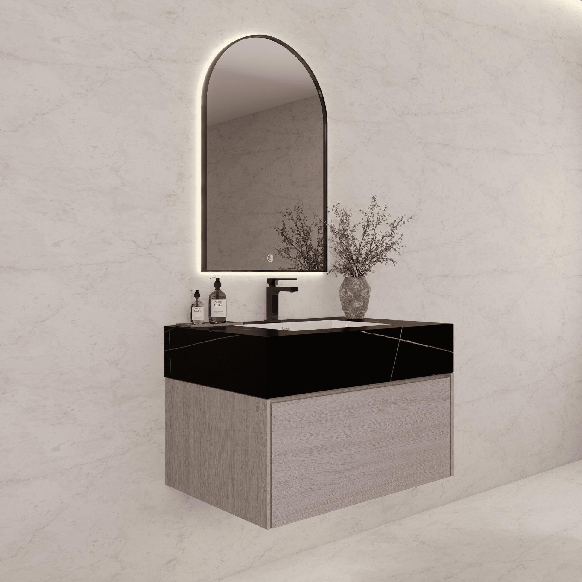 32"/ 36"/40" White Grey Oak Single Sink Floating Bathroom Vanity with Sintered Stone Top - VanityBlack Marquina Gold Veins NeoNova Decor