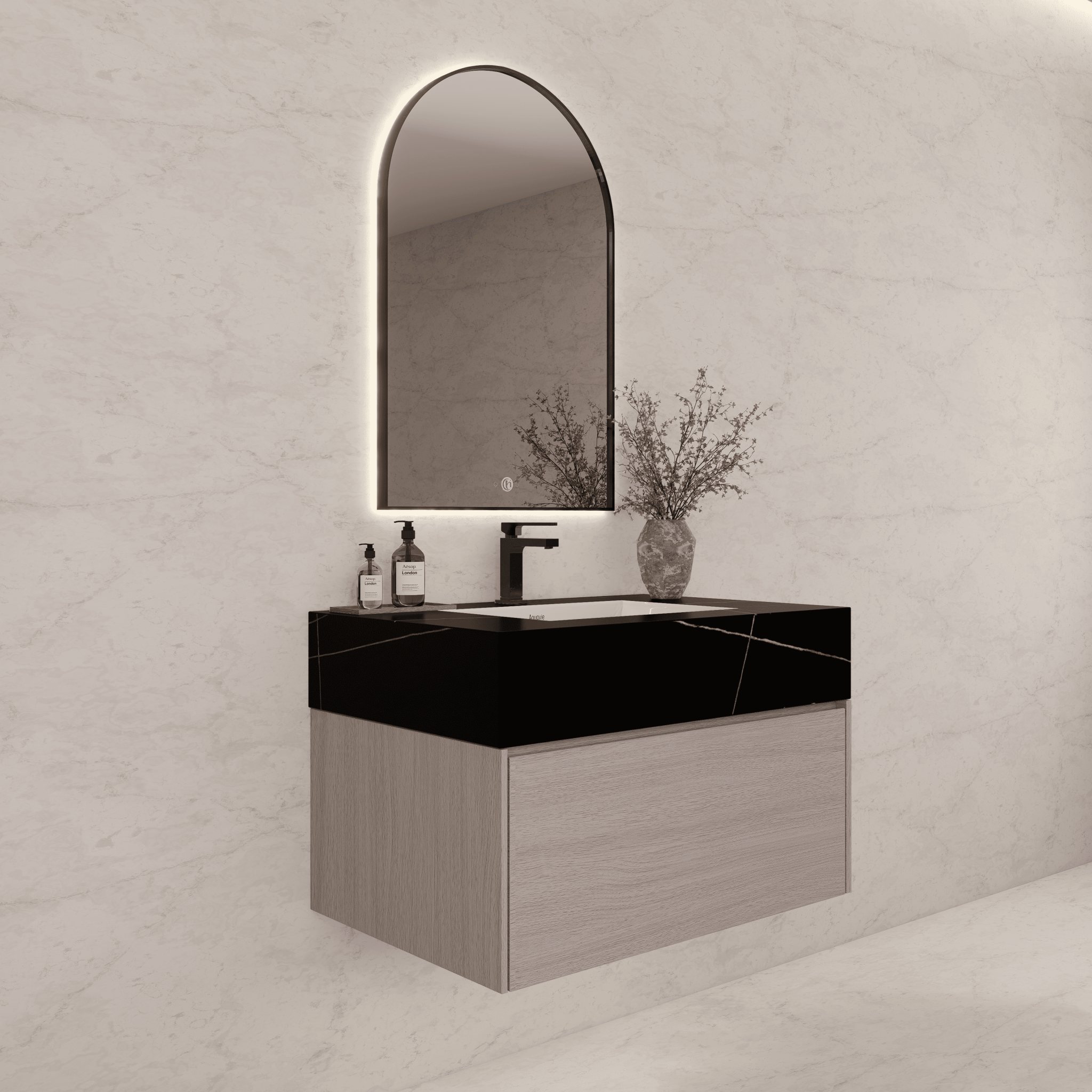 32"/ 36"/40" White Grey Oak Single Sink Floating Bathroom Vanity with Sintered Stone Top - VanityBlack Marquina Gold Veins NeoNova Decor