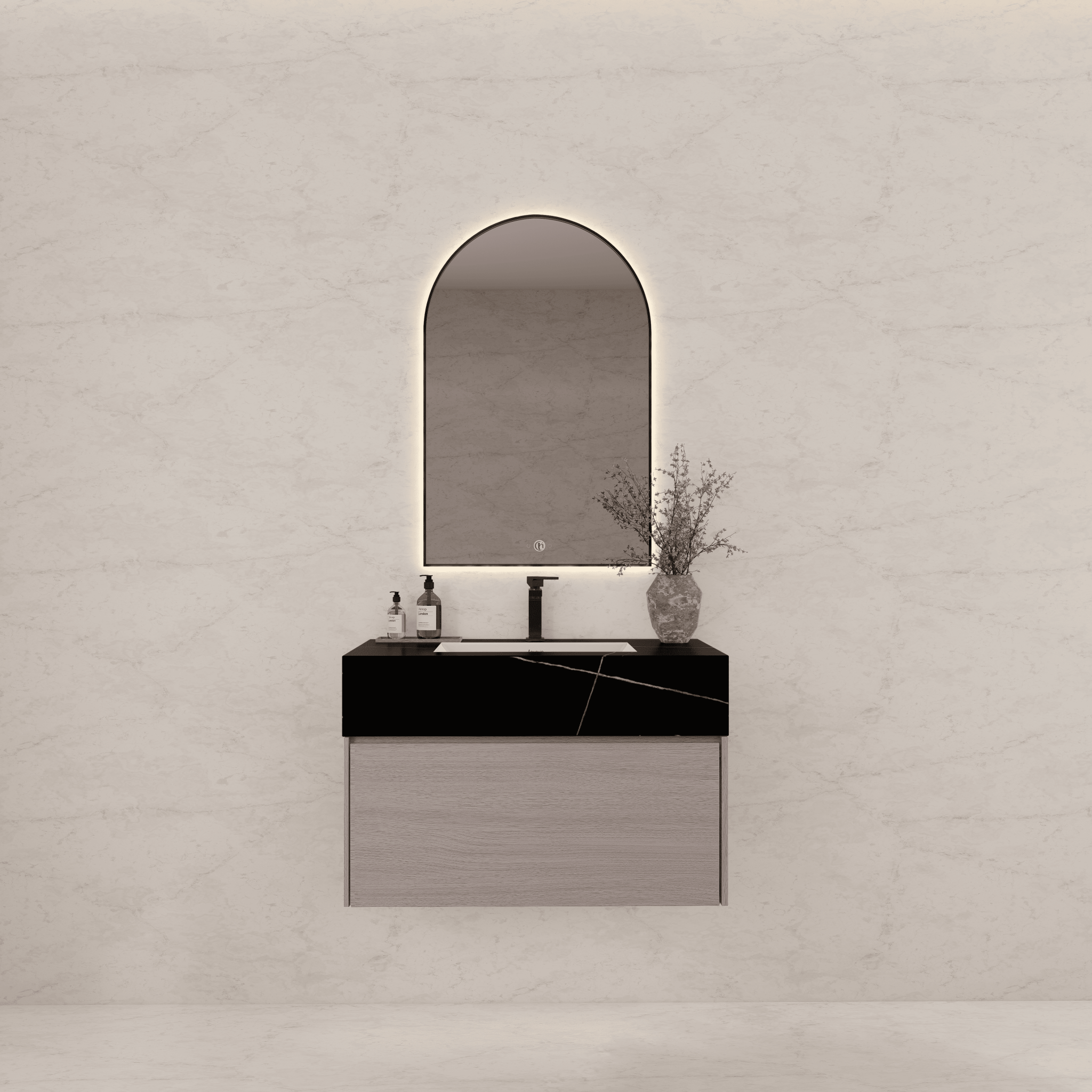 32"/ 36"/40" White Grey Oak Single Sink Floating Bathroom Vanity with Sintered Stone Top - VanityBlack Marquina Gold Veins NeoNova Decor