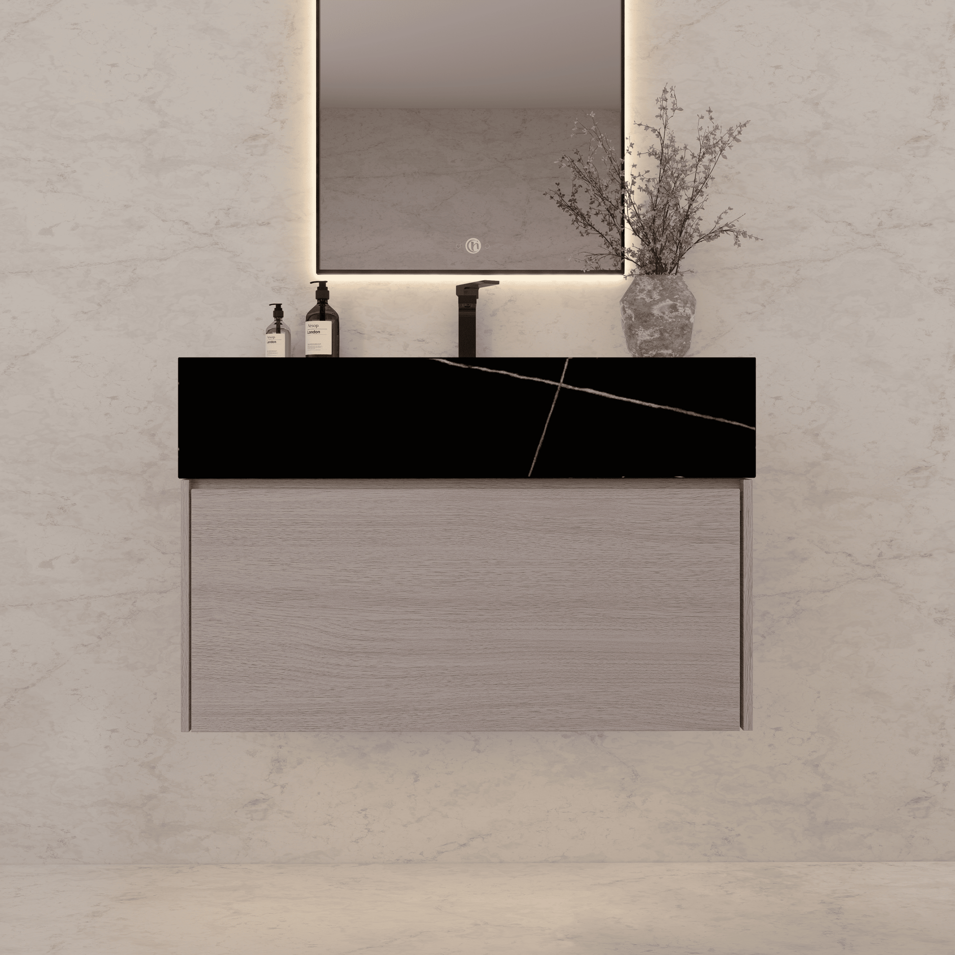 32"/ 36"/40" White Grey Oak Single Sink Floating Bathroom Vanity with Sintered Stone Top - VanityBlack Marquina Gold Veins NeoNova Decor