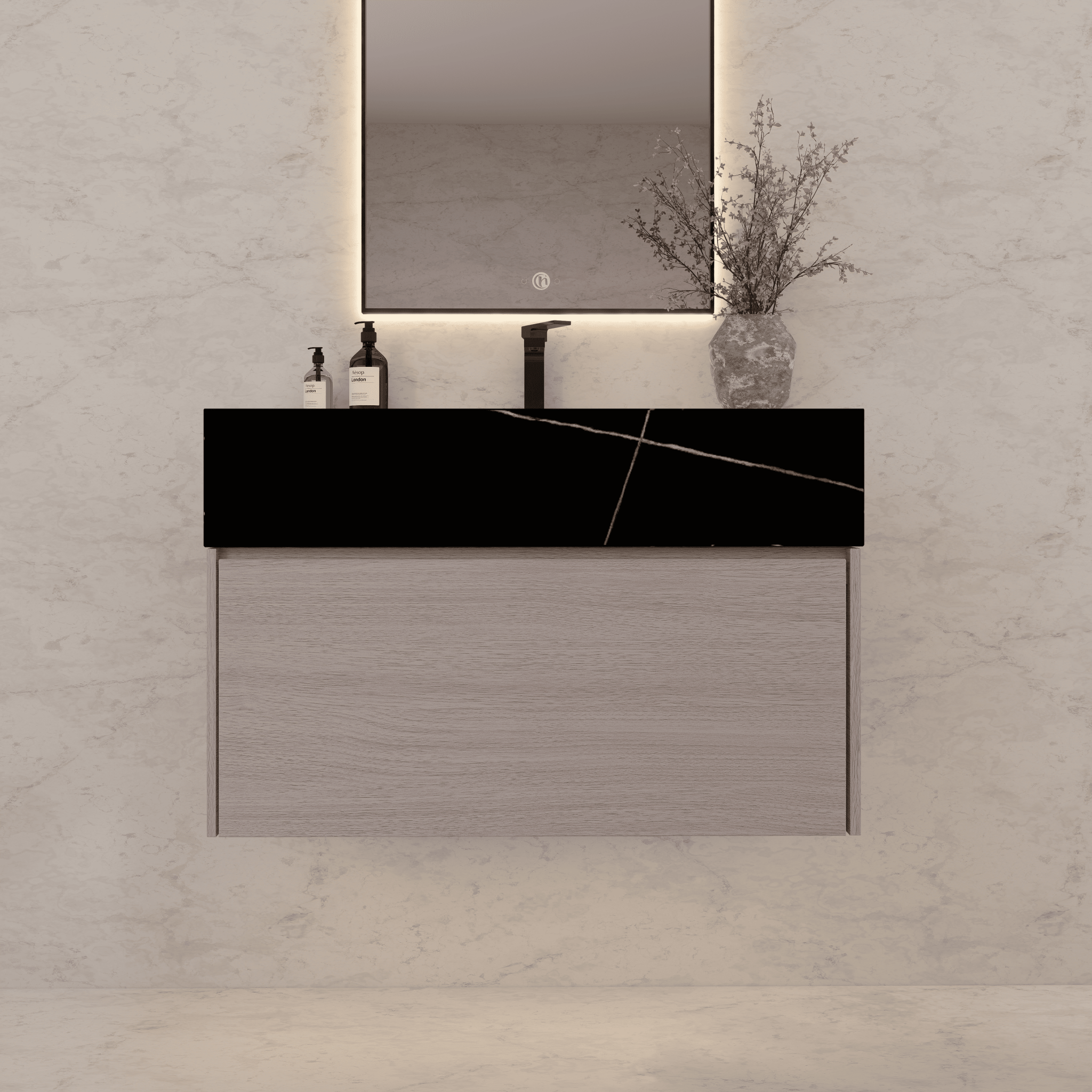 32"/ 36"/40" White Grey Oak Single Sink Floating Bathroom Vanity with Sintered Stone Top - VanityBlack Marquina Gold Veins NeoNova Decor