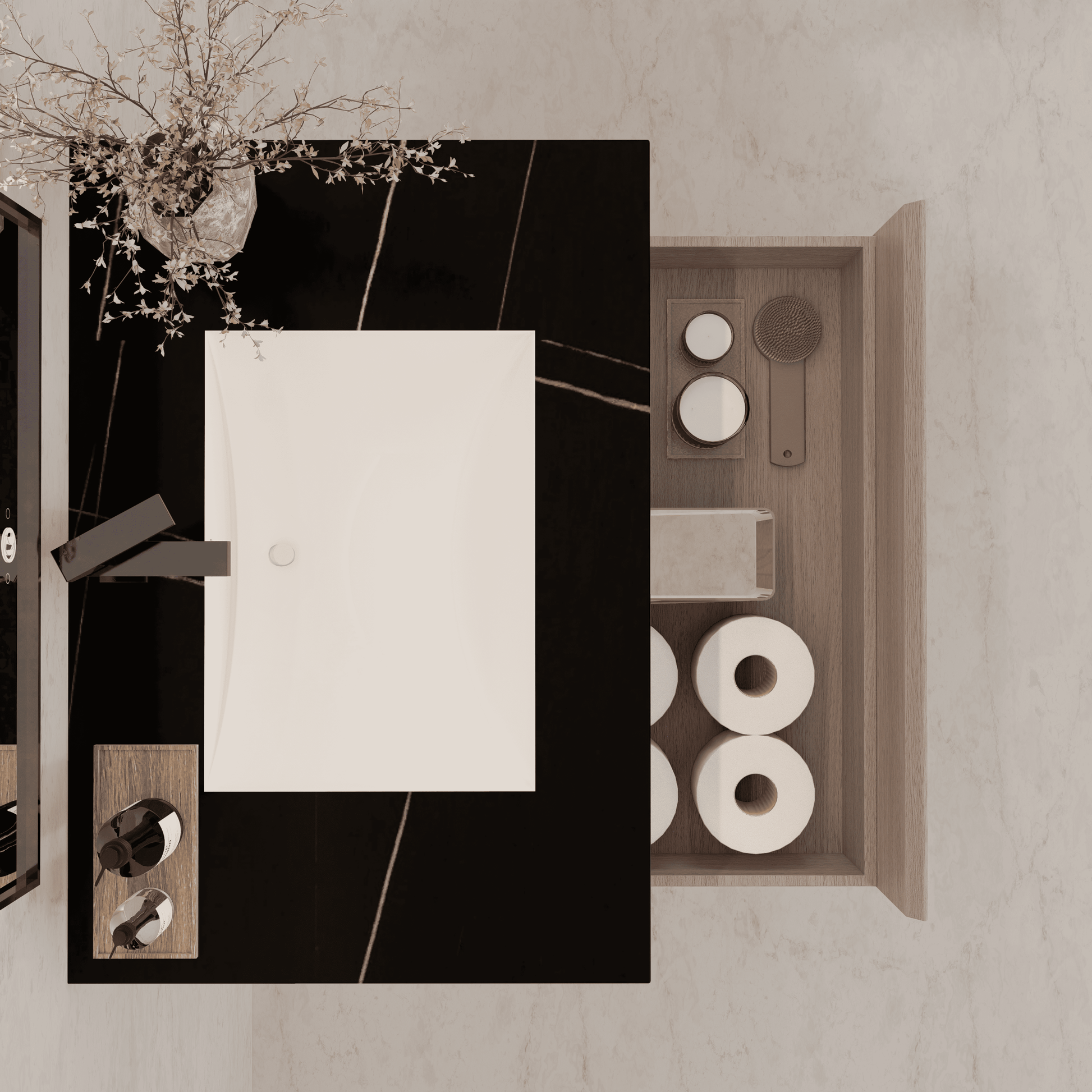 32"/ 36"/40" White Grey Oak Single Sink Floating Bathroom Vanity with Sintered Stone Top - VanityBlack Marquina Gold Veins NeoNova Decor