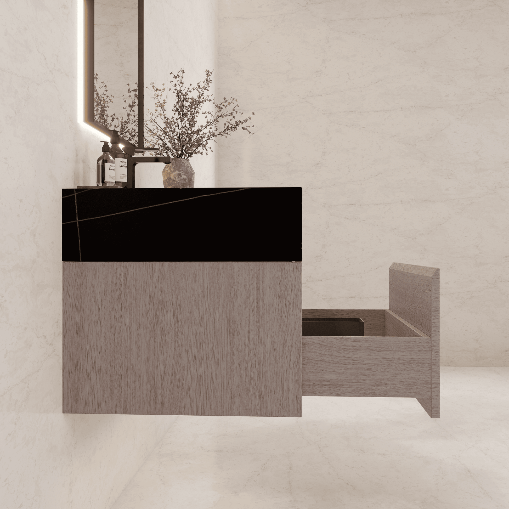 32"/ 36"/40" White Grey Oak Single Sink Floating Bathroom Vanity with Sintered Stone Top - VanityBlack Marquina Gold Veins NeoNova Decor