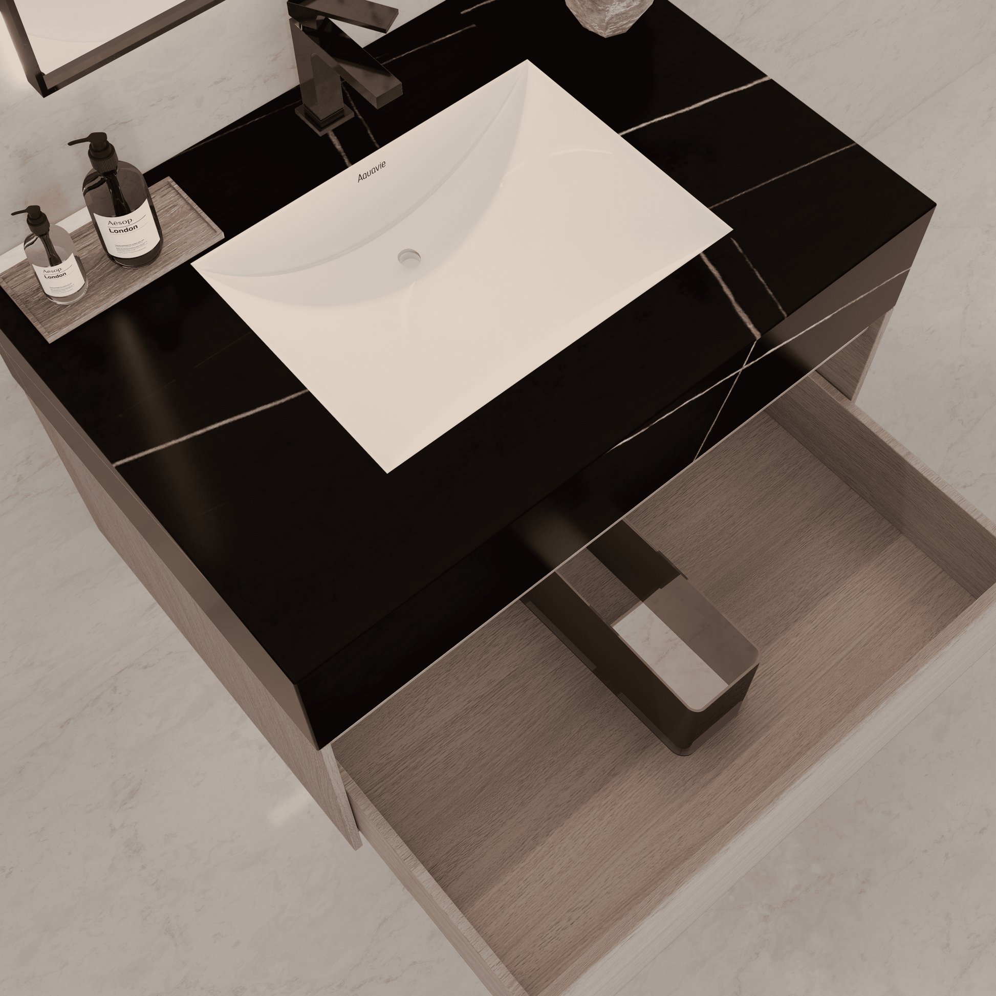 32"/ 36"/40" White Grey Oak Single Sink Floating Bathroom Vanity with Sintered Stone Top - VanityBlack Marquina Gold Veins NeoNova Decor