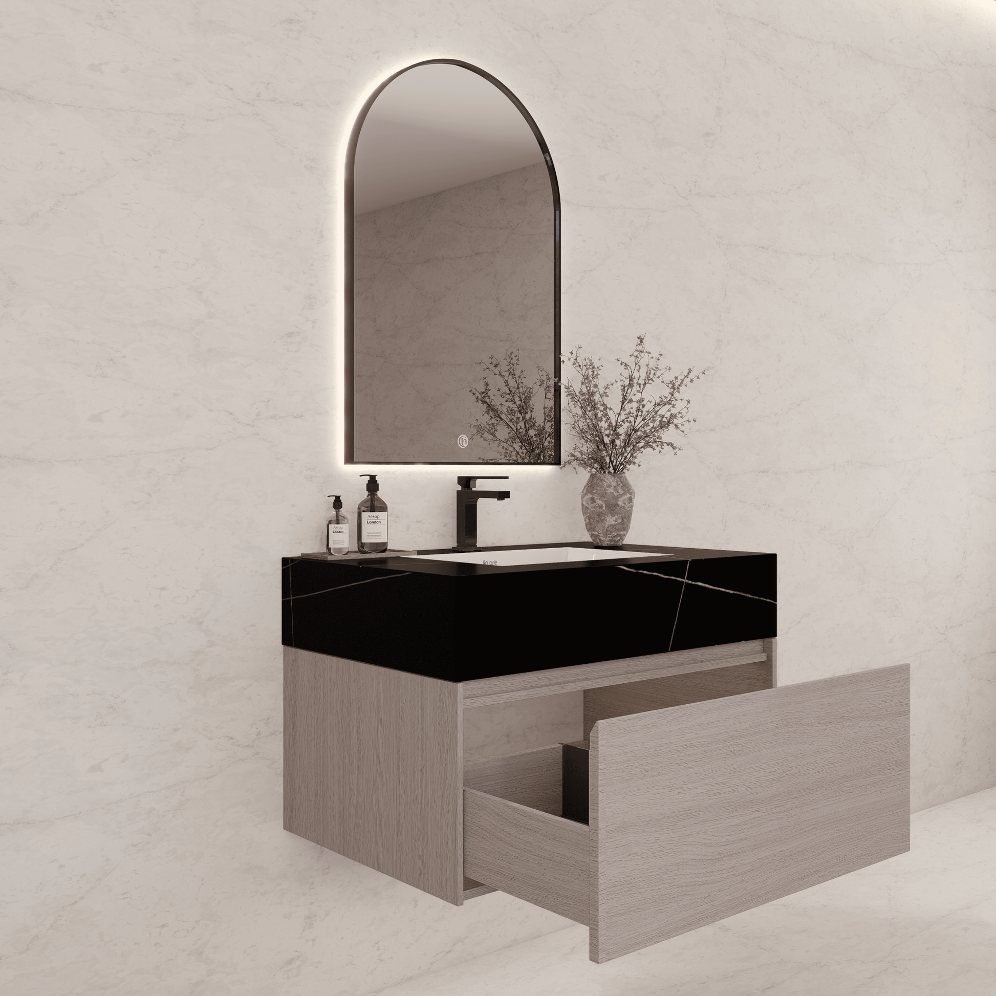 32"/ 36"/40" White Grey Oak Single Sink Floating Bathroom Vanity with Sintered Stone Top - VanityBlack Marquina Gold Veins NeoNova Decor