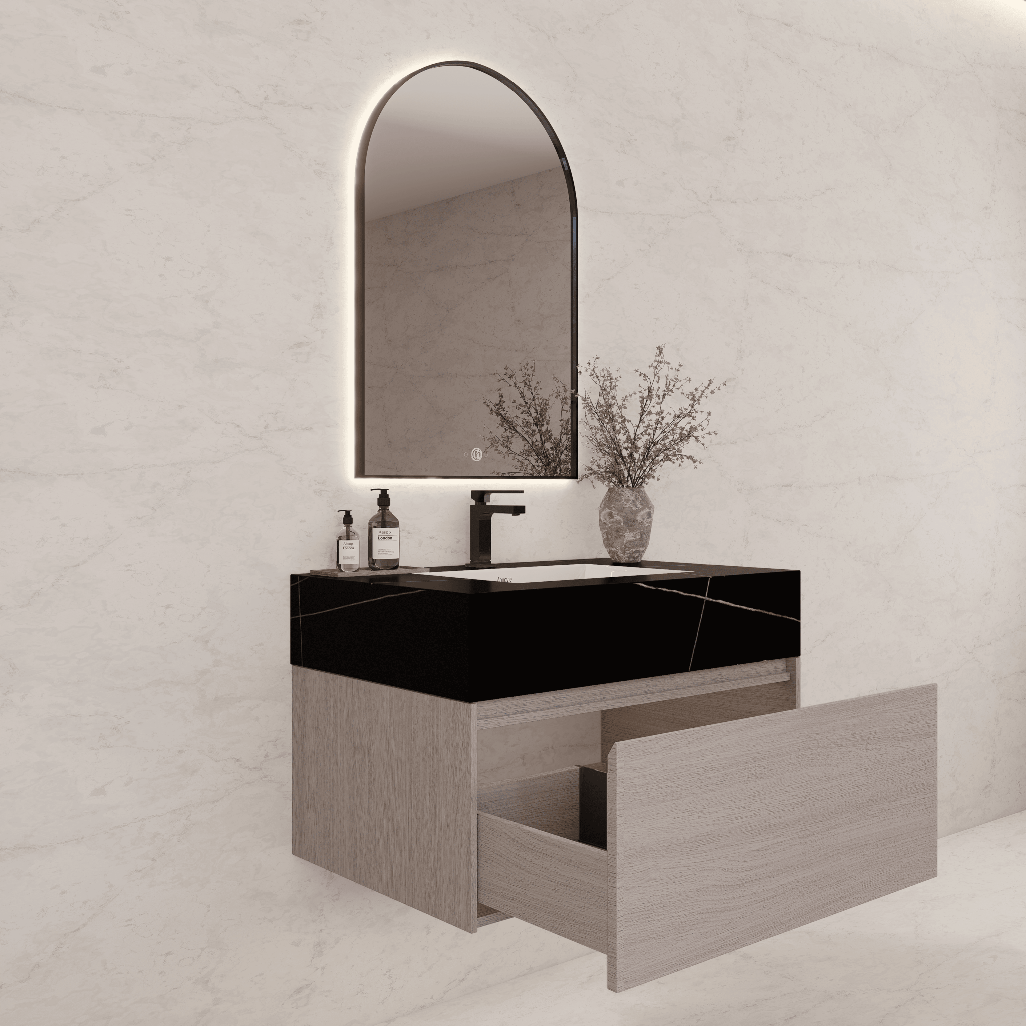 32"/ 36"/40" White Grey Oak Single Sink Floating Bathroom Vanity with Sintered Stone Top - VanityBlack Marquina Gold Veins NeoNova Decor