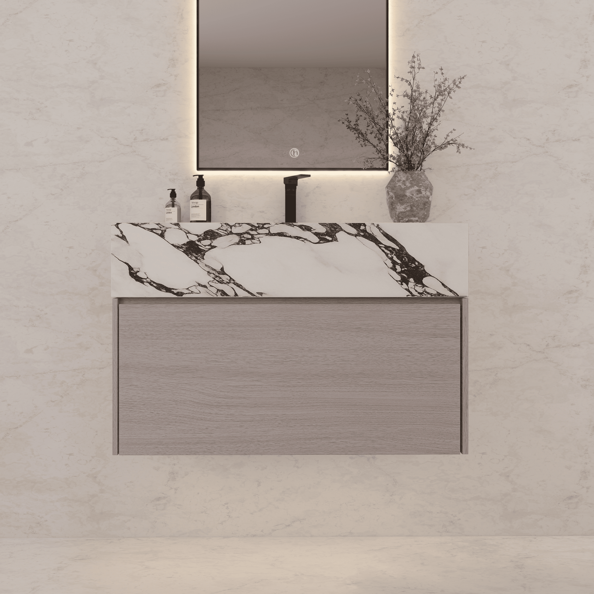 32"/ 36"/40" White Grey Oak Single Sink Floating Bathroom Vanity with Sintered Stone Top - VanityCalacatta Black NeoNova Decor