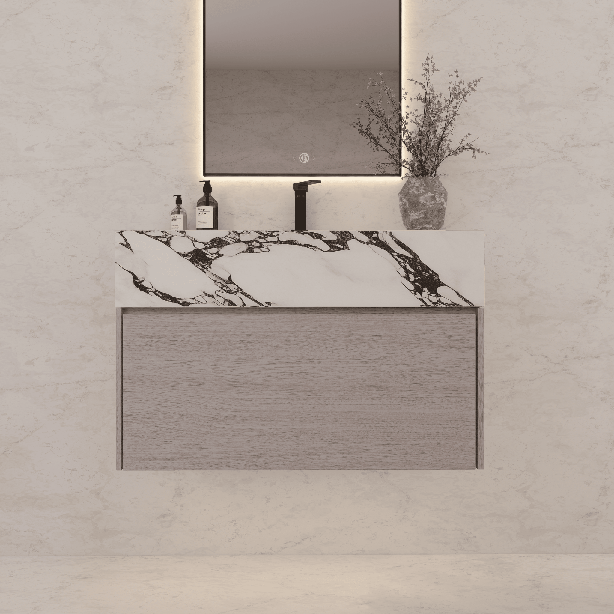 32"/ 36"/40" White Grey Oak Single Sink Floating Bathroom Vanity with Sintered Stone Top - VanityCalacatta Black NeoNova Decor