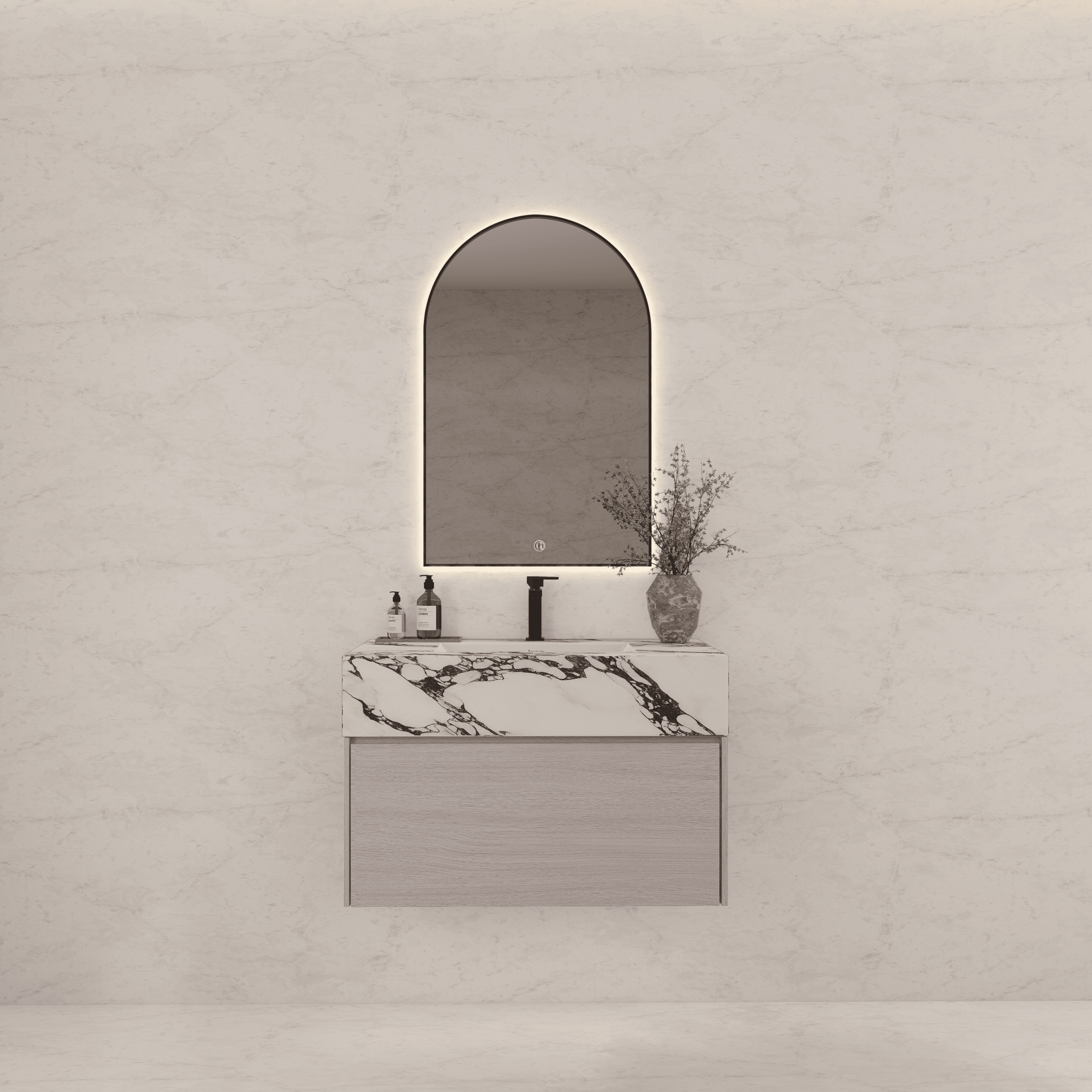 32"/ 36"/40" White Grey Oak Single Sink Floating Bathroom Vanity with Sintered Stone Top - VanityCalacatta Black NeoNova Decor