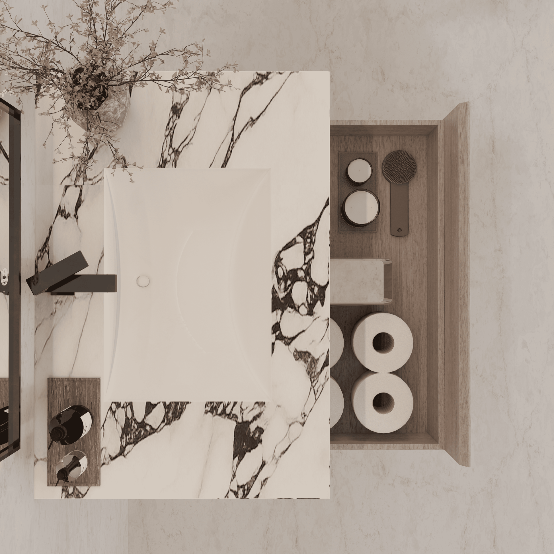 32"/ 36"/40" White Grey Oak Single Sink Floating Bathroom Vanity with Sintered Stone Top - VanityCalacatta Black NeoNova Decor