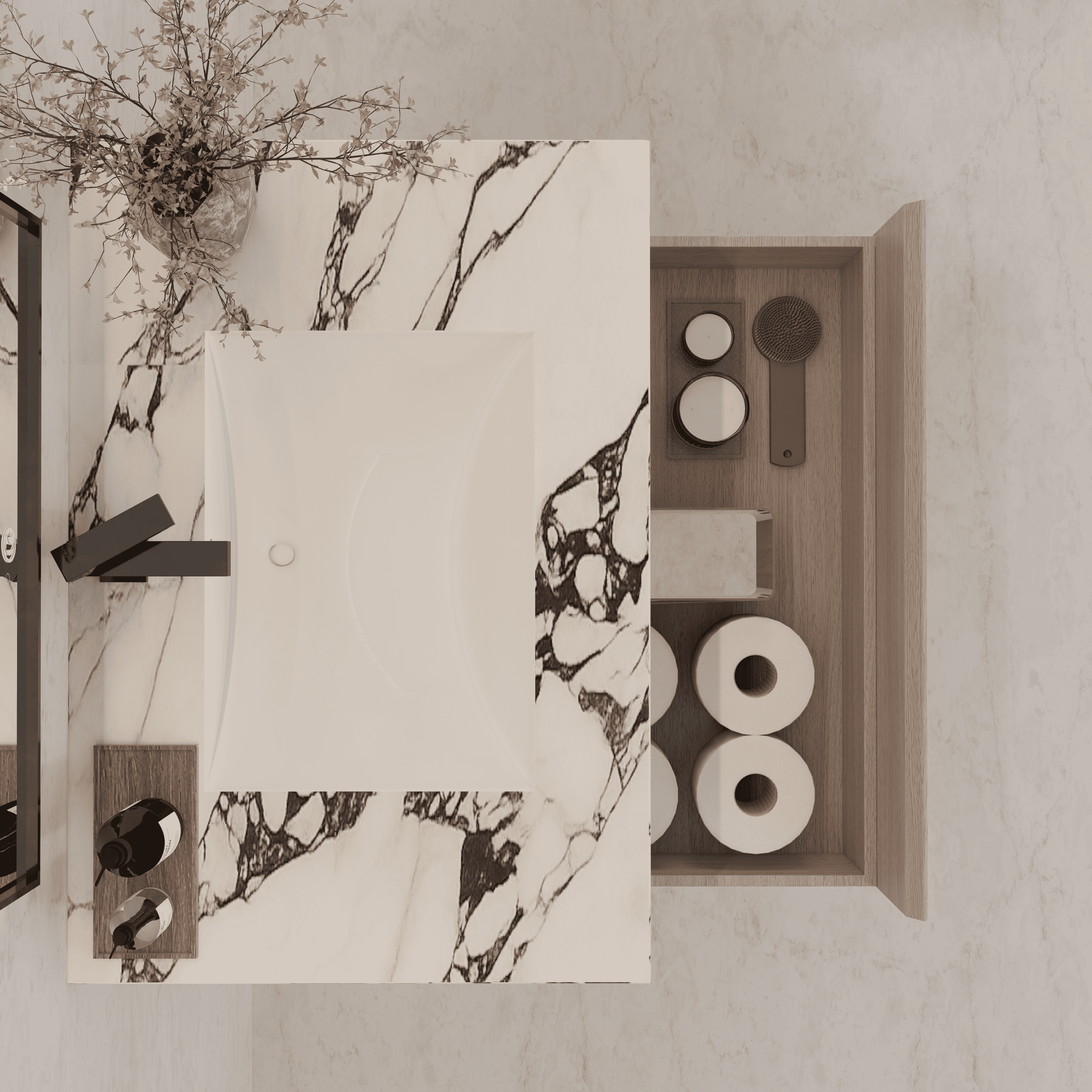 32"/ 36"/40" White Grey Oak Single Sink Floating Bathroom Vanity with Sintered Stone Top - VanityCalacatta Black NeoNova Decor